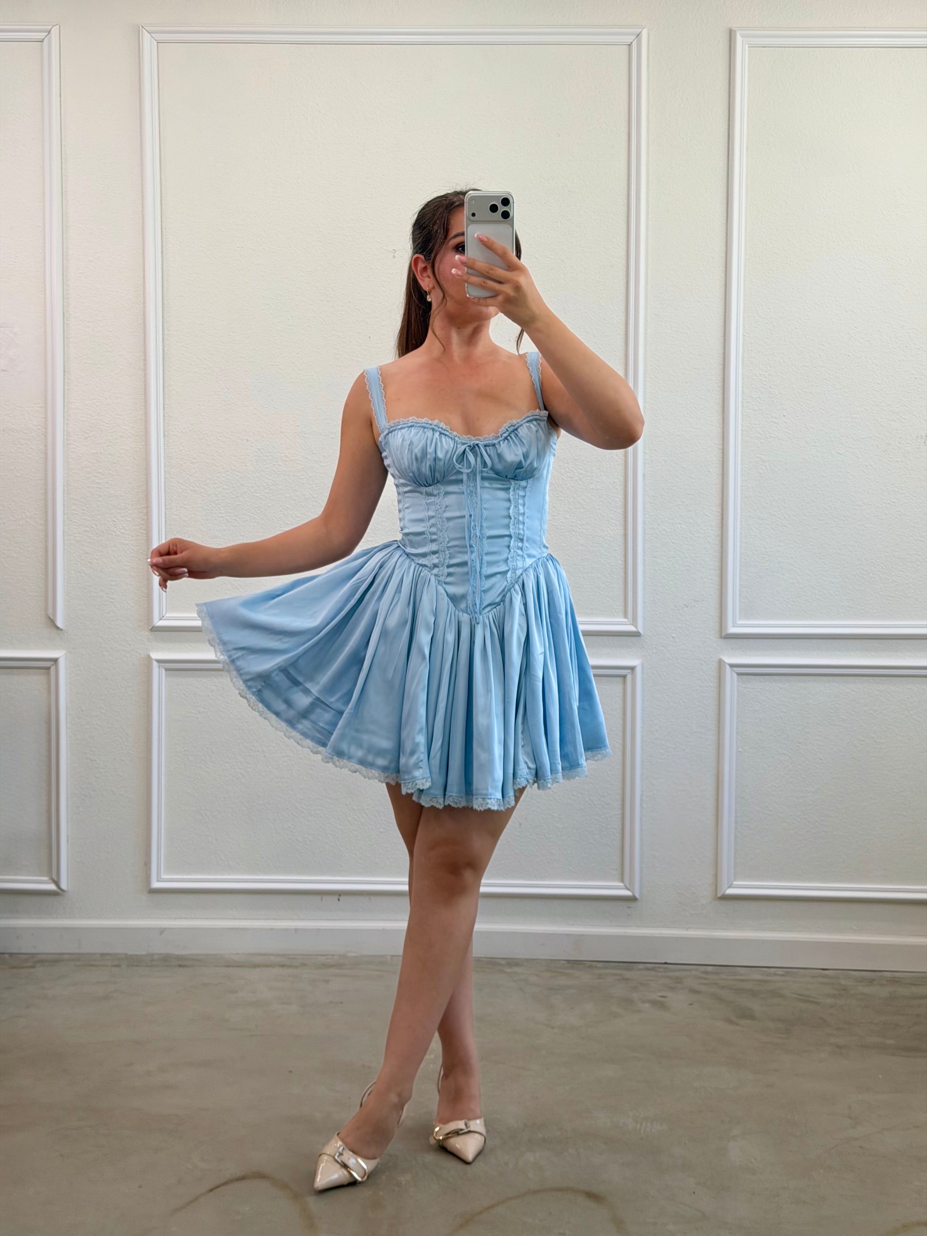 Daphne Satin Corset Mini Dress (Blue)