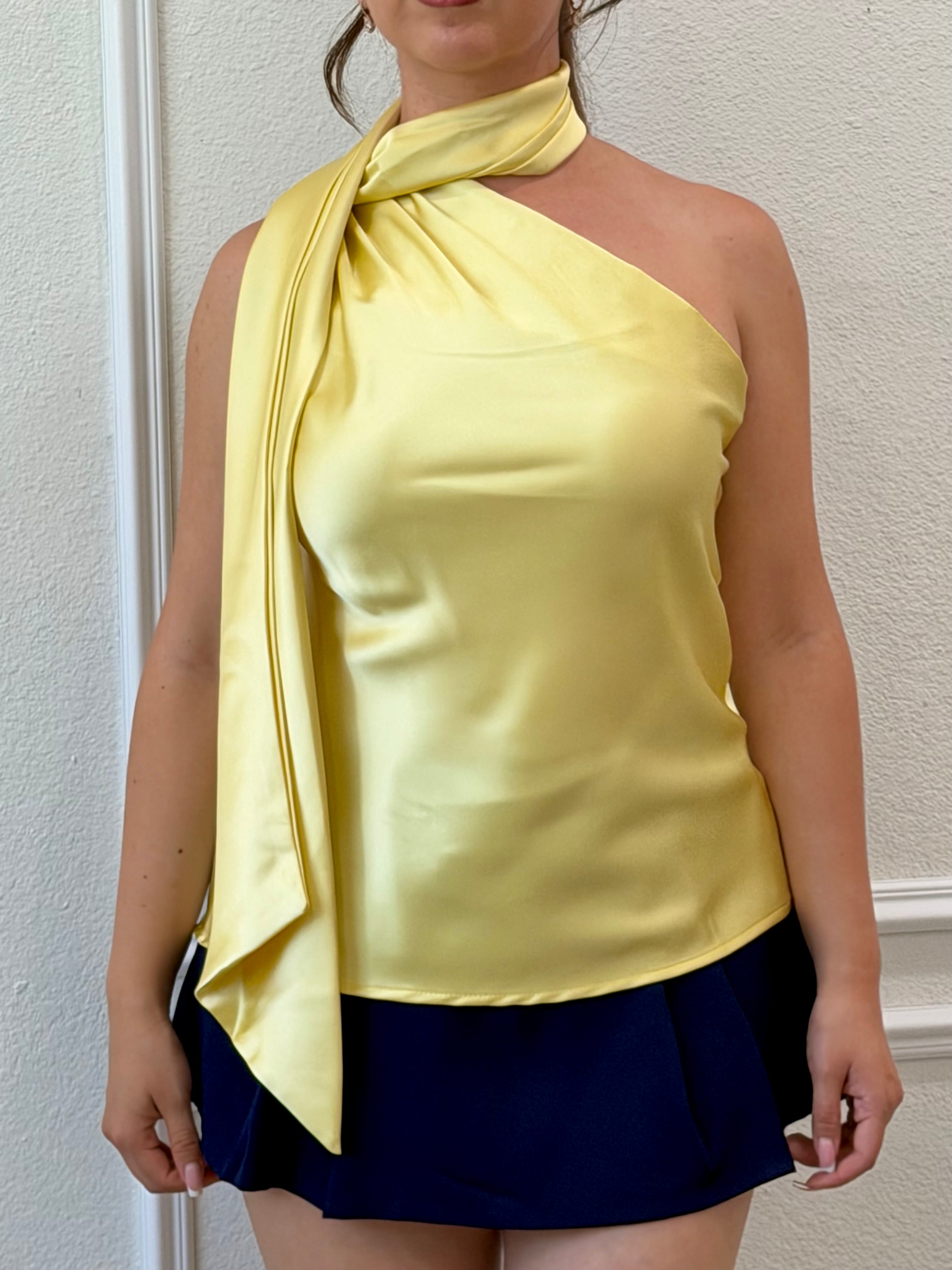 Julianna Scarf Detail Satin Top (Yellow)