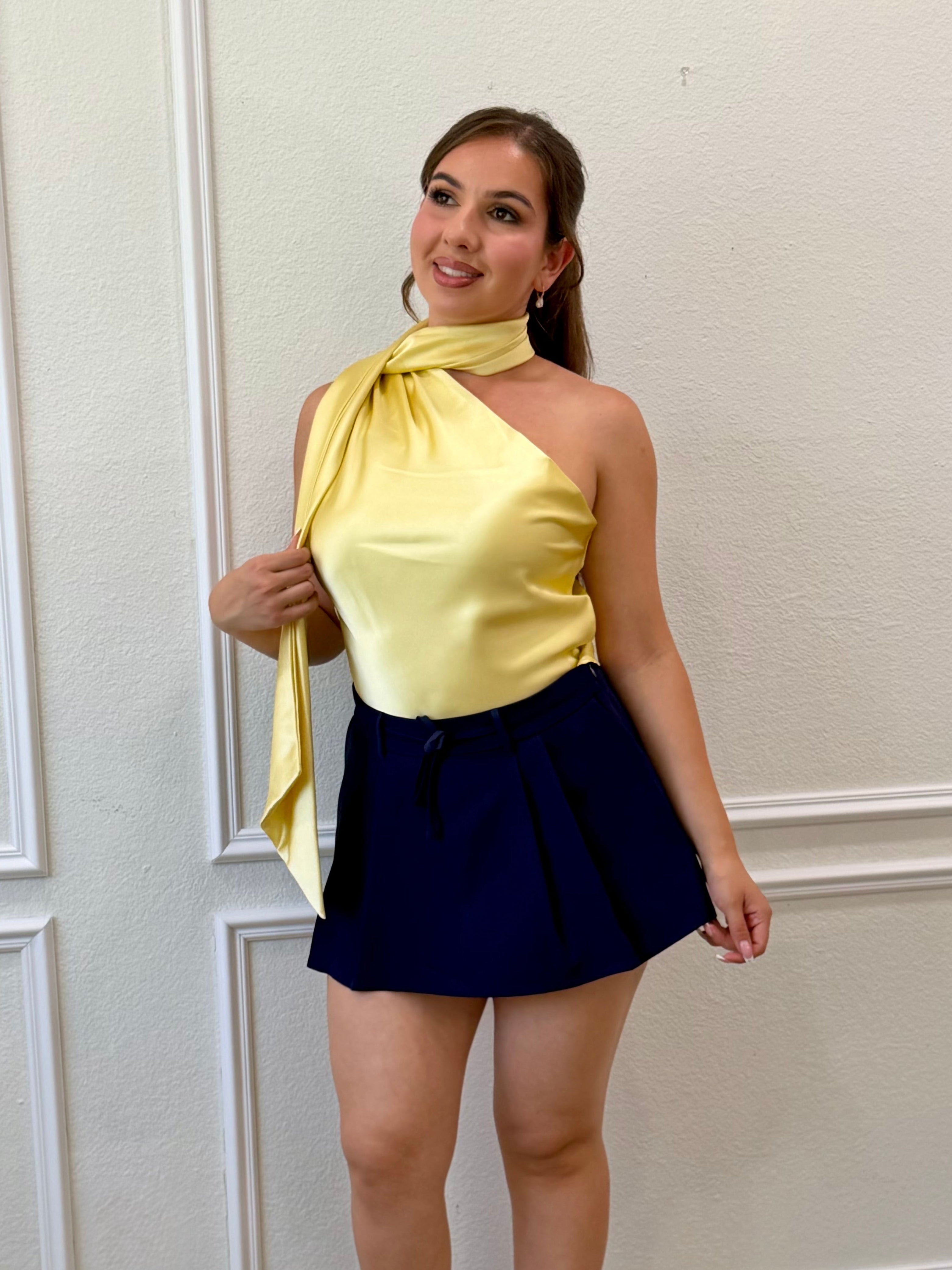 Julianna Scarf Detail Satin Top (Yellow)