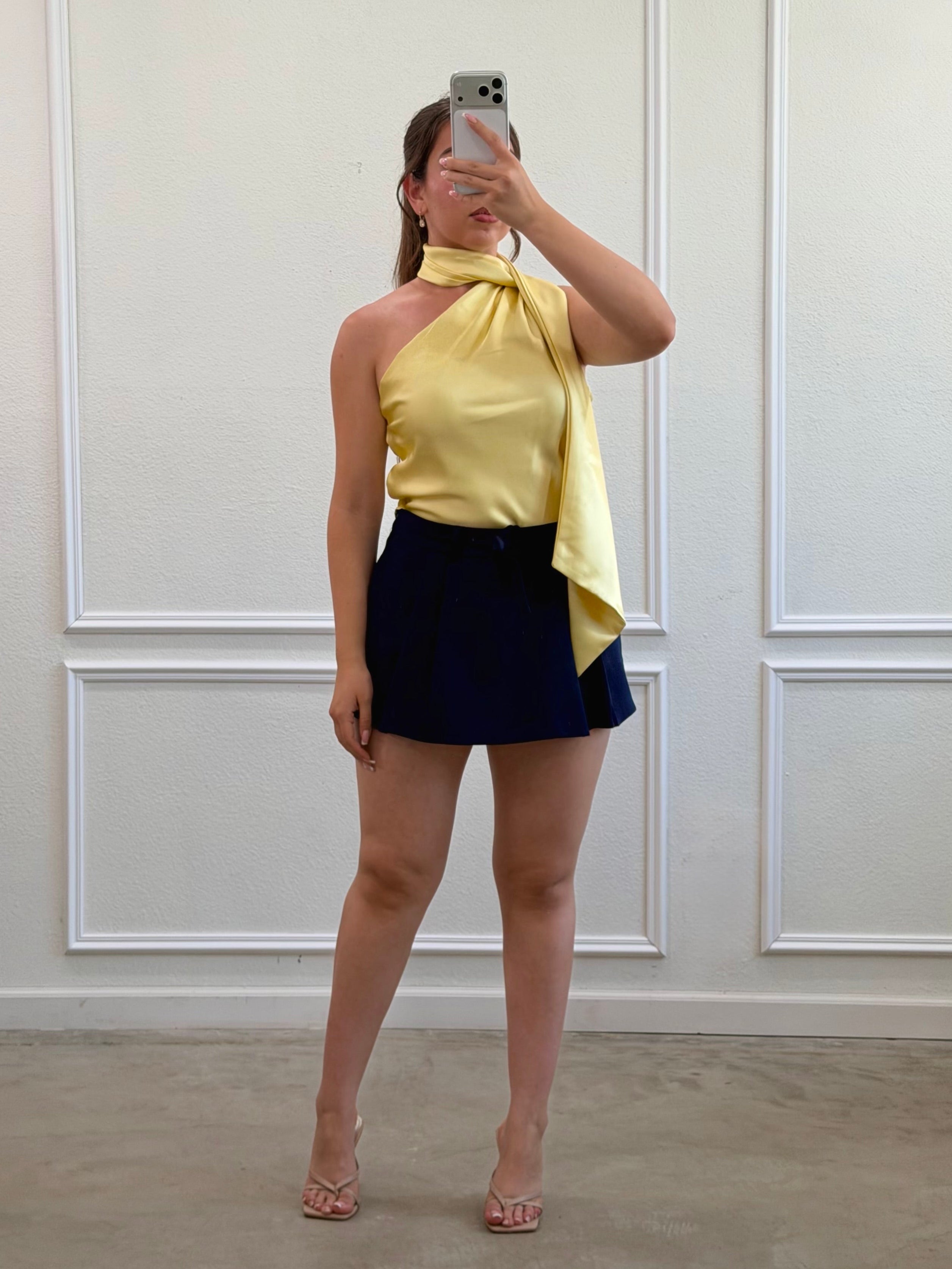 Julianna Scarf Detail Satin Top (Yellow)