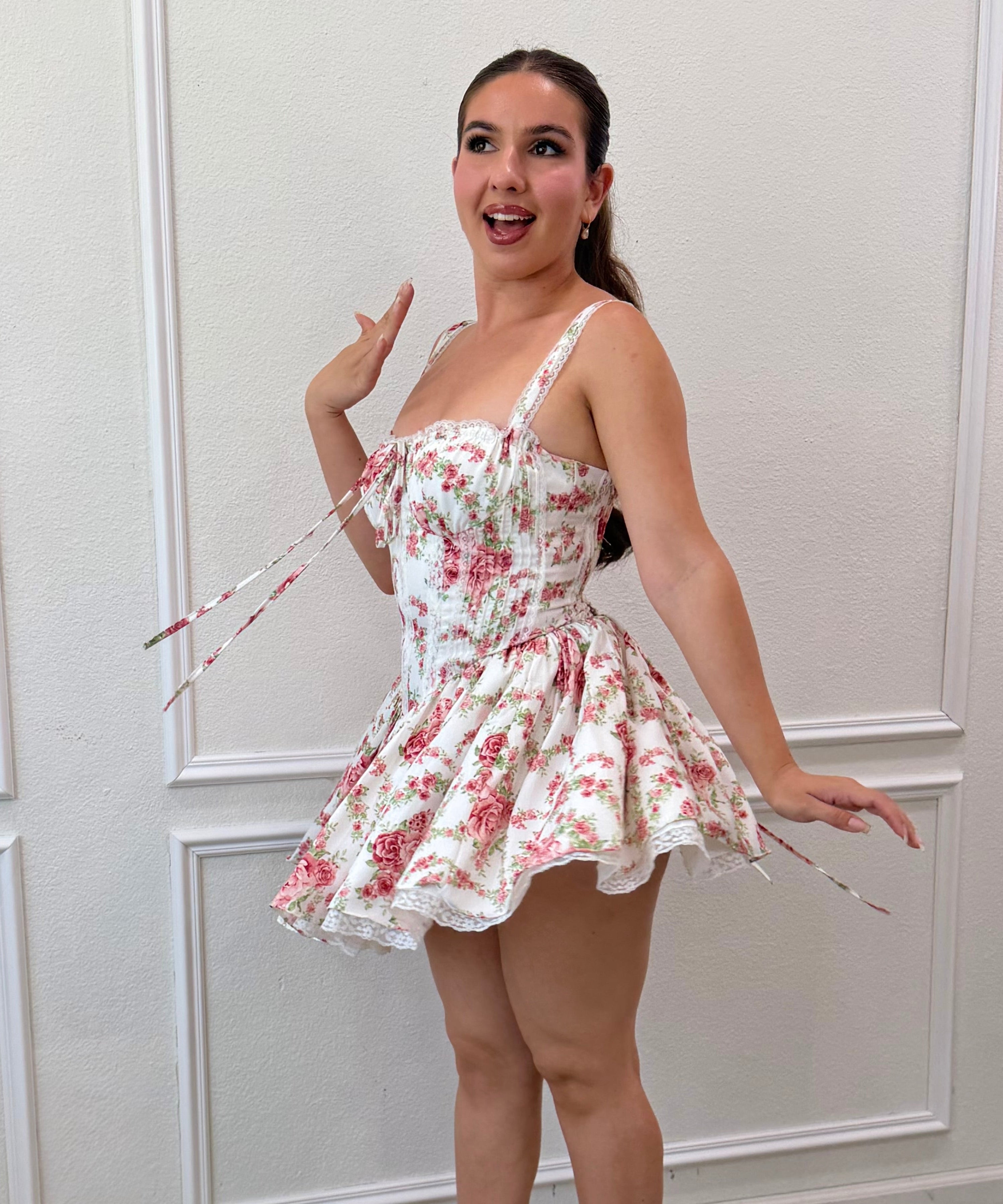 Diora Corset Mini Dress (Ivory/Pink Floral)