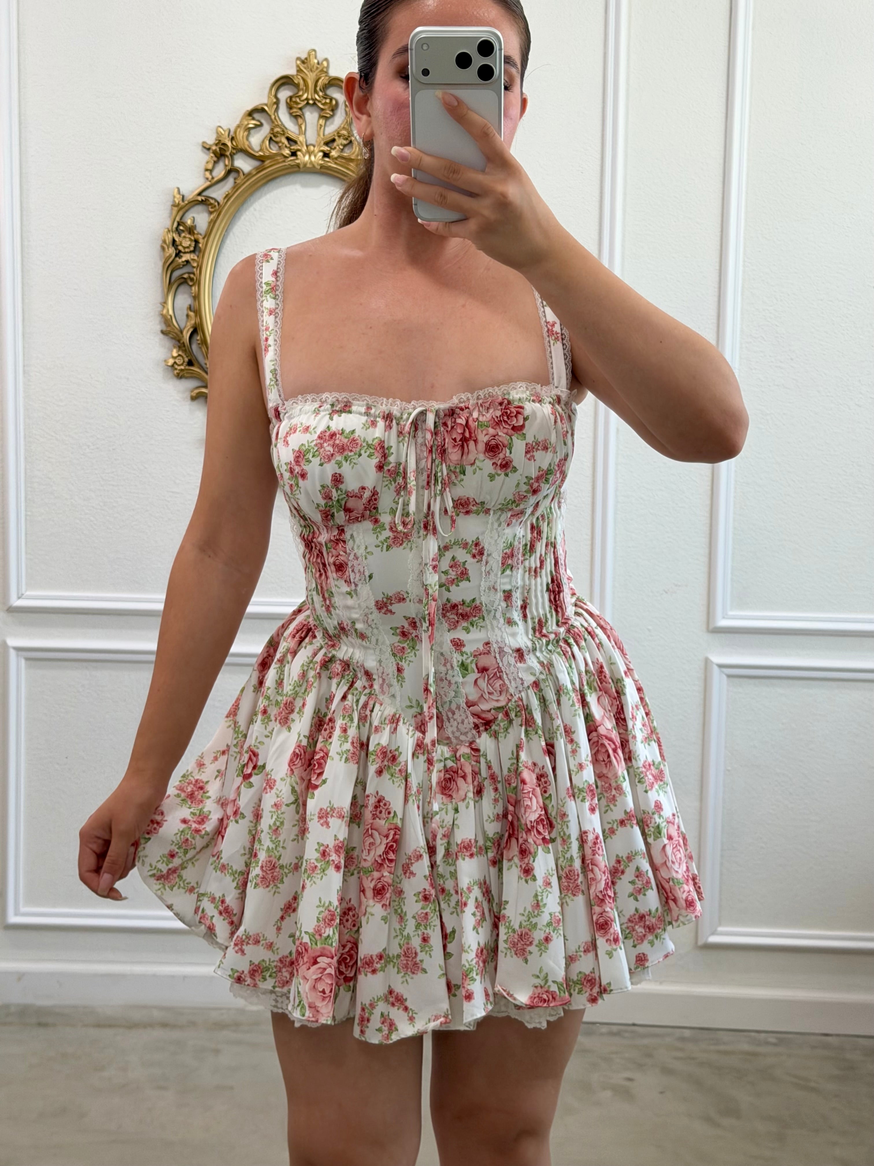 Diora Corset Mini Dress (Ivory/Pink Floral)