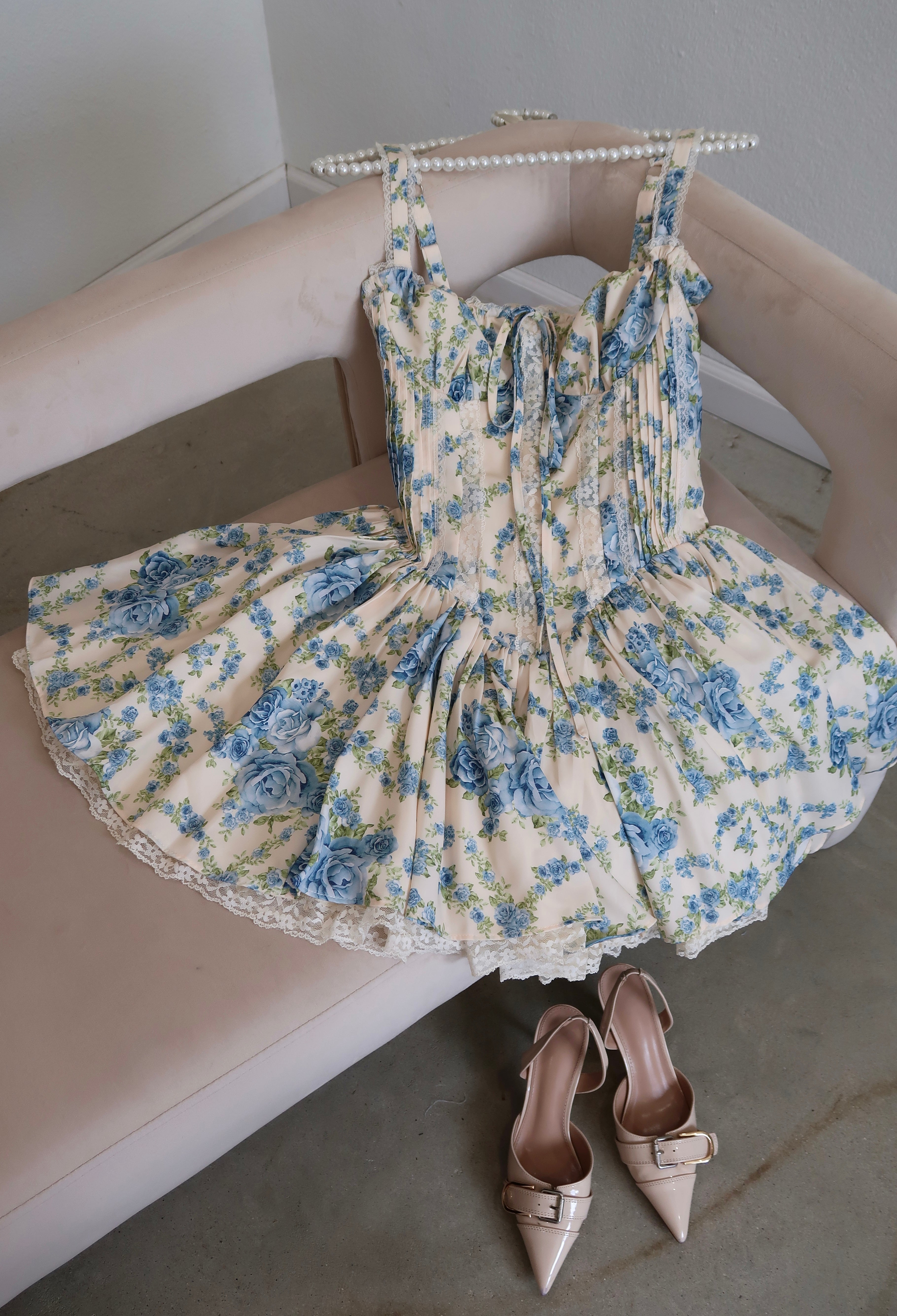 Diora Corset Mini Dress (Cream/Blue Floral)