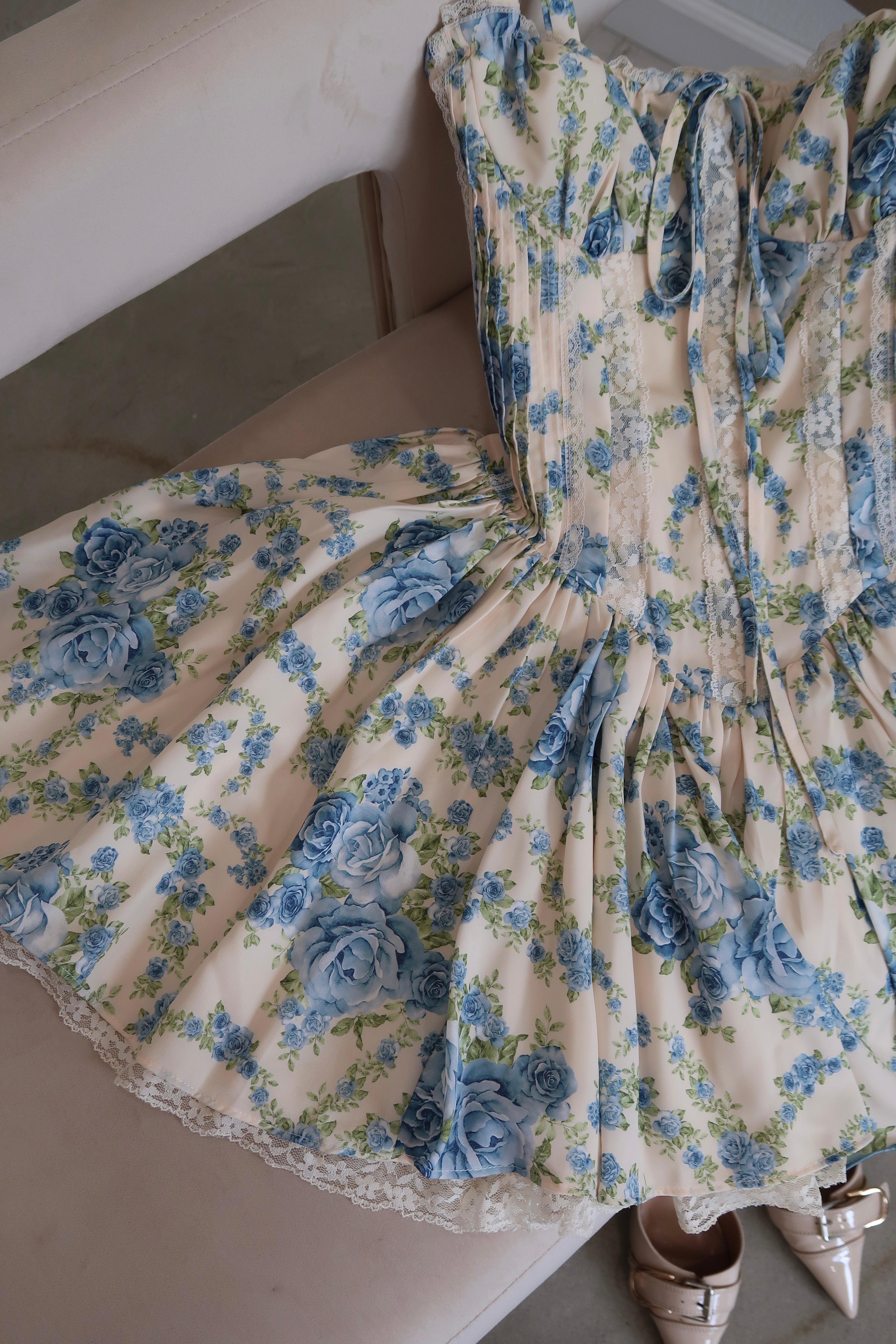 Diora Corset Mini Dress (Cream/Blue Floral)