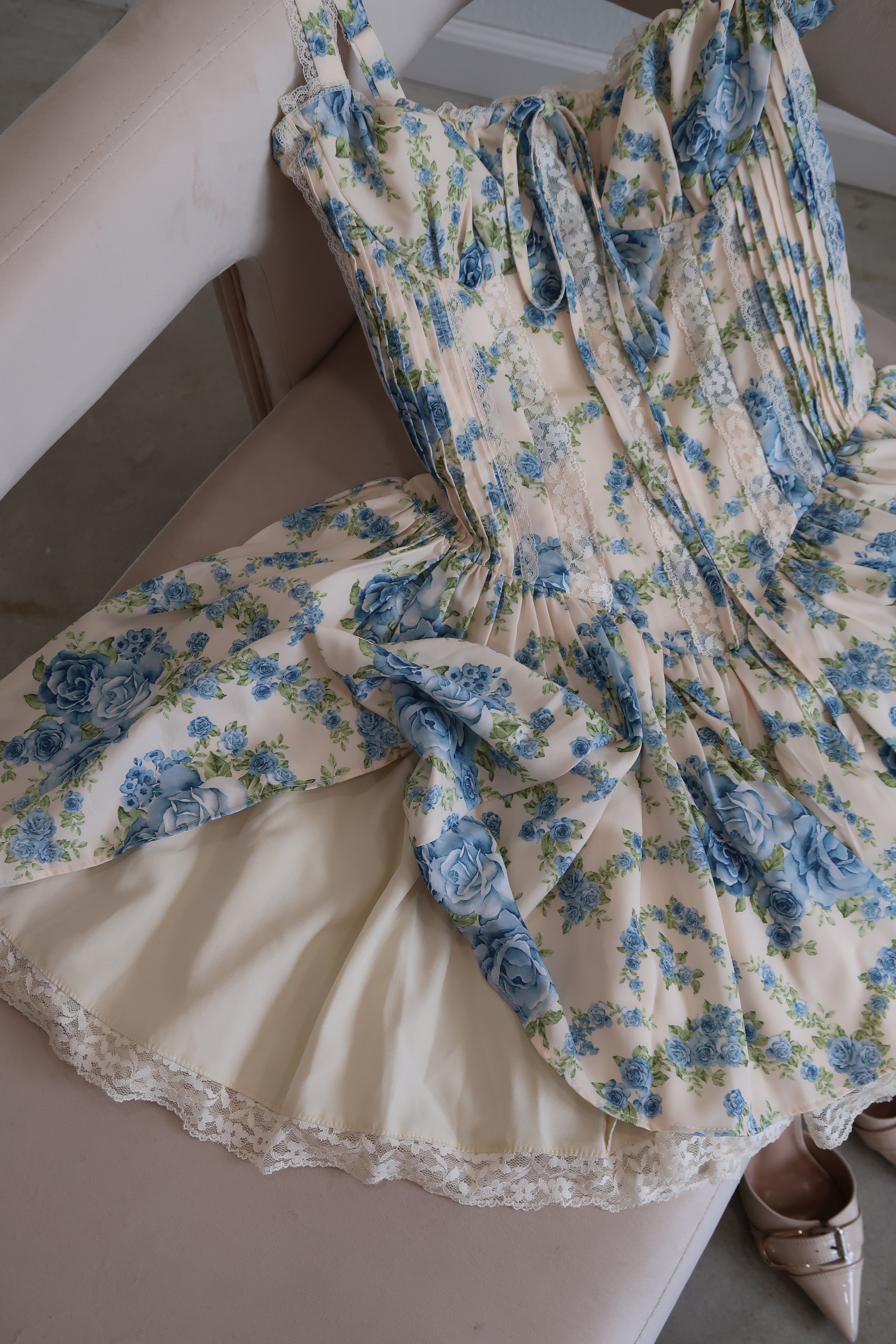 Diora Corset Mini Dress (Cream/Blue Floral)
