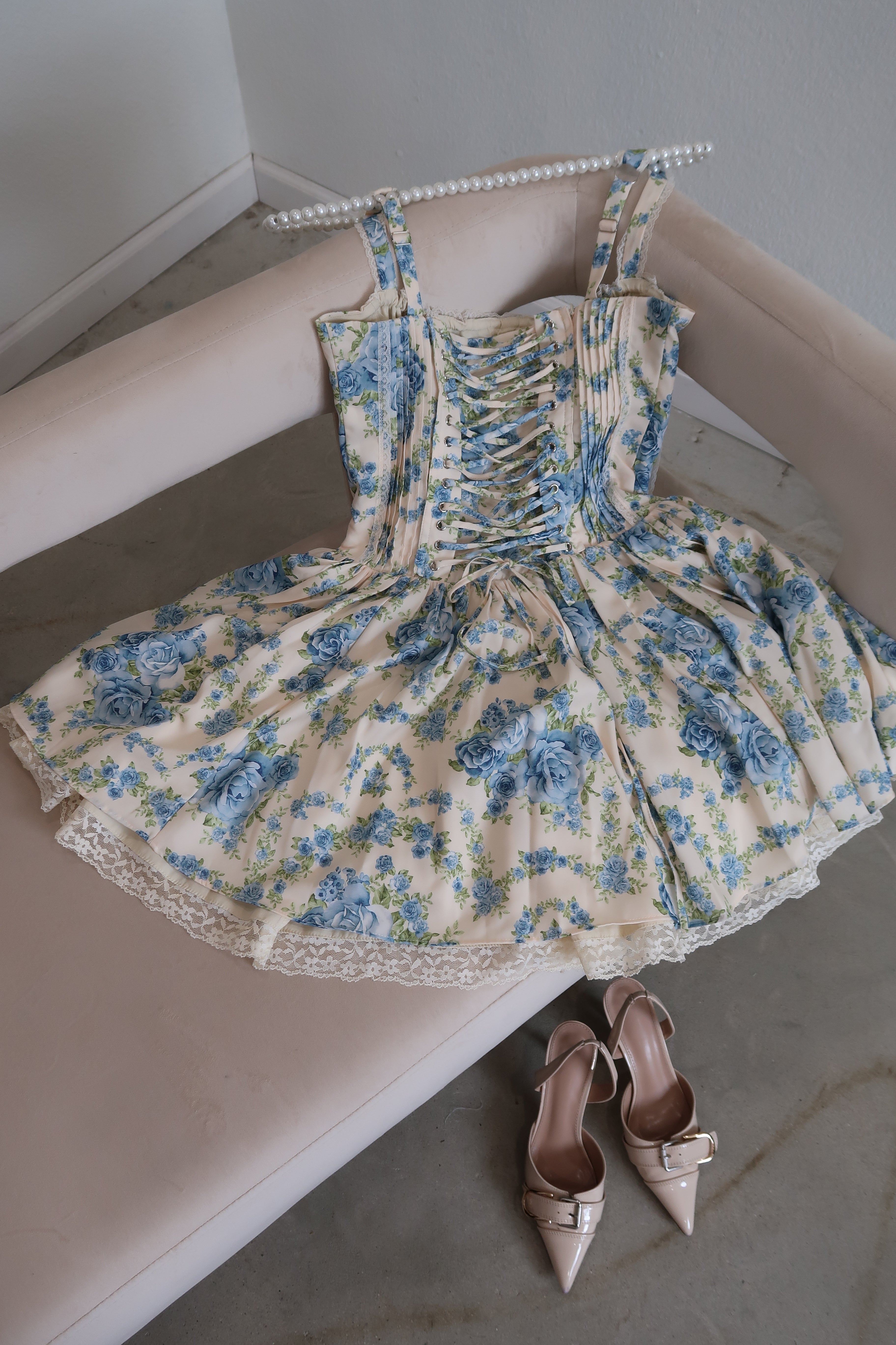 Diora Corset Mini Dress (Cream/Blue Floral)