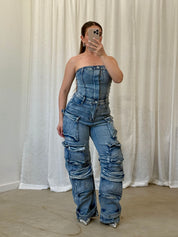 Regida Denim Cargo Jumpsuit (Acid Wash)