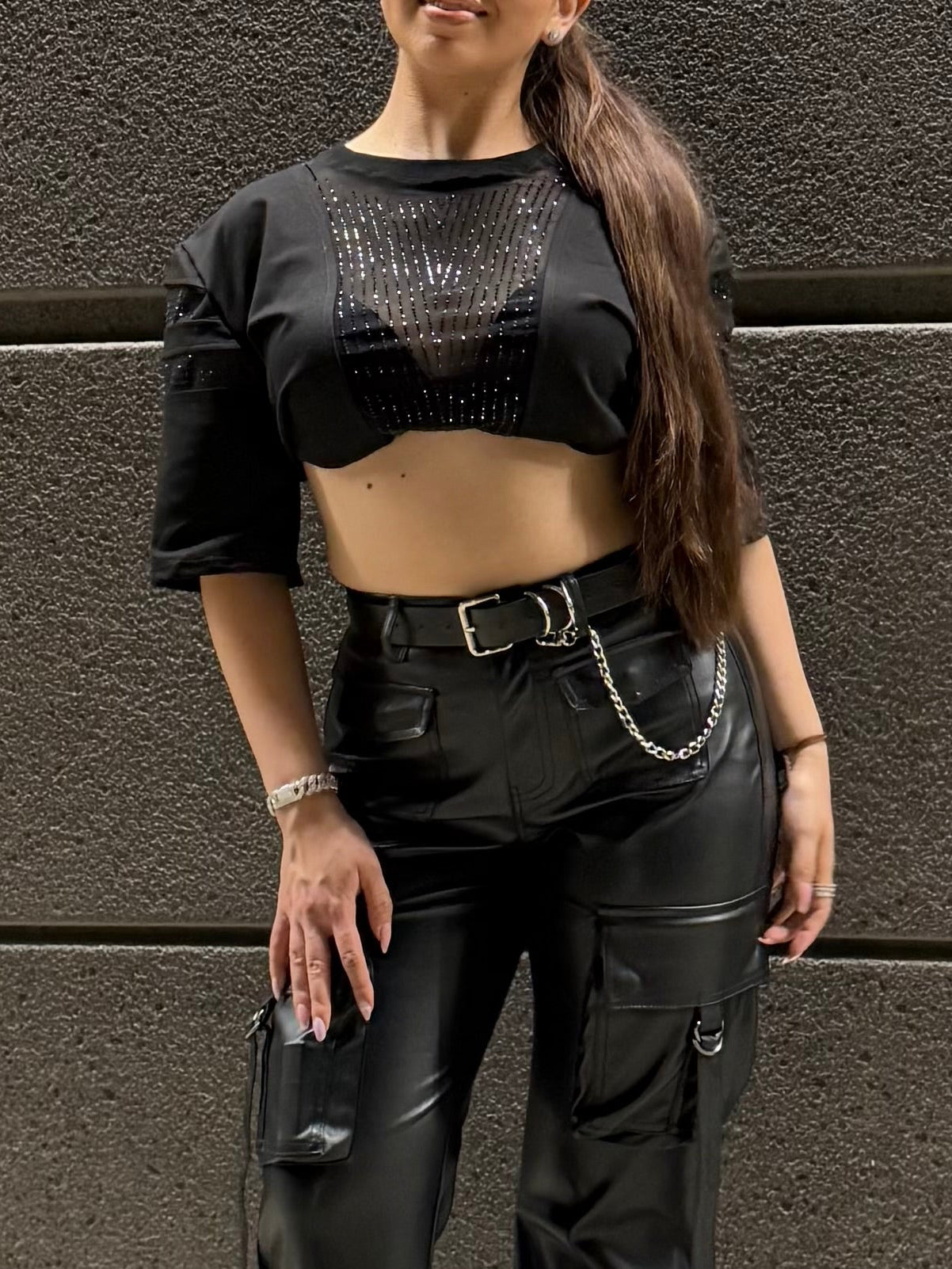 Jersey Rhinestone Crop Top (Black)