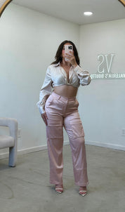 Soft Girl Satin Cargo Pants (Rose Gold)