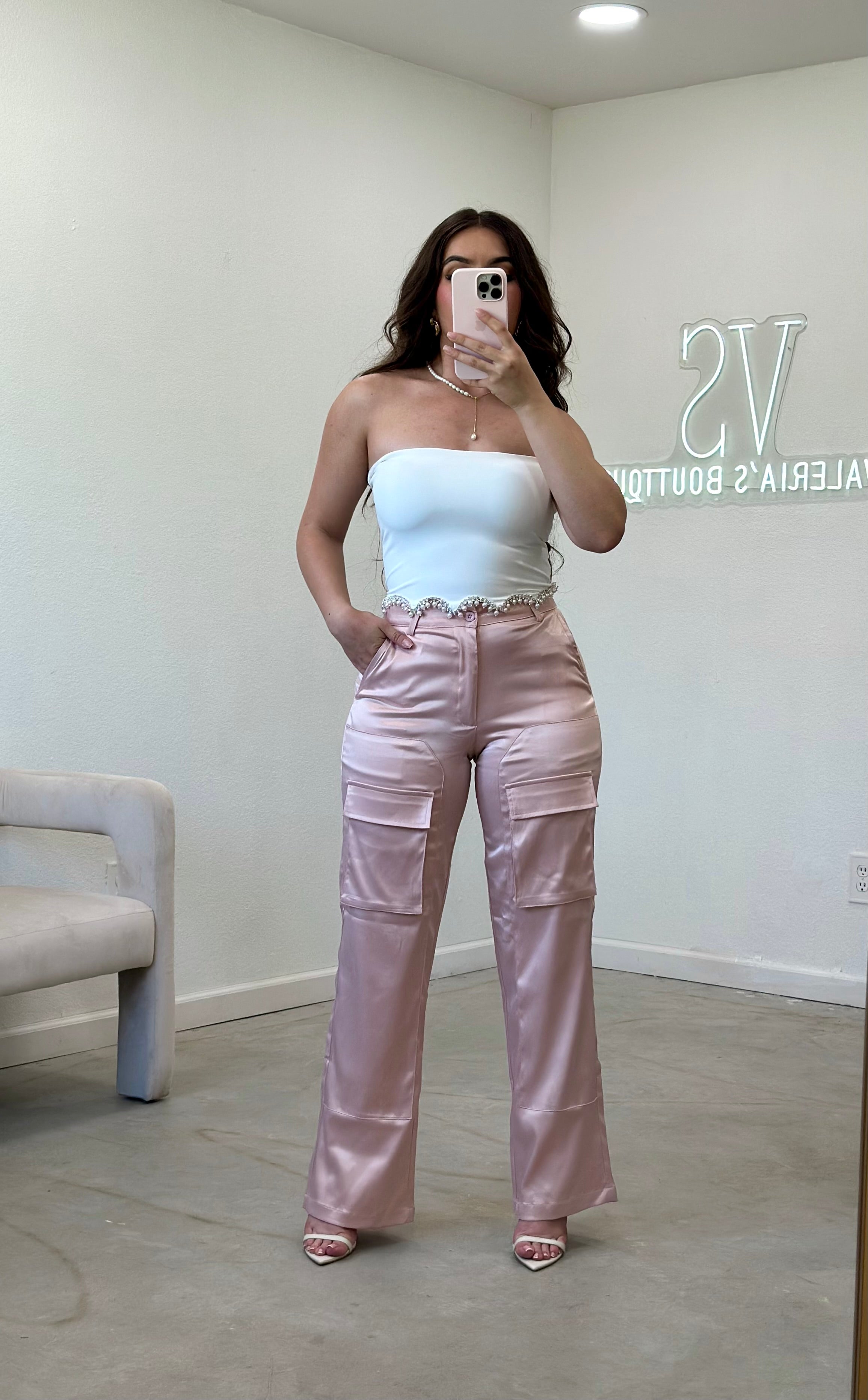 Soft Girl Satin Cargo Pants (Rose Gold)