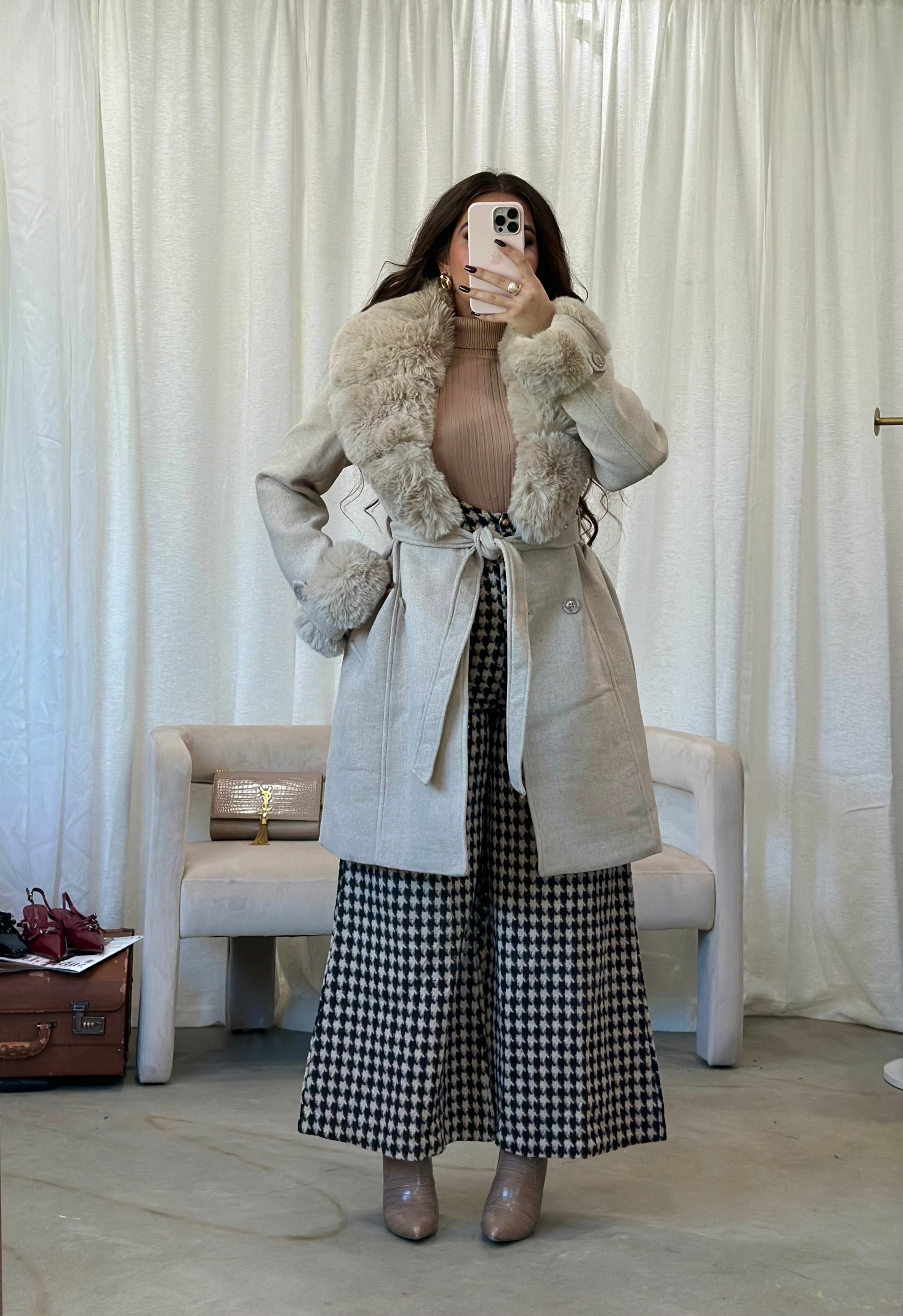 Franchesca Wool Fur Trench Coat (Cream)