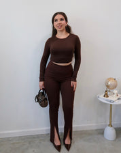 Valerie Long Sleeve Round Neck Crop Top (Brown)