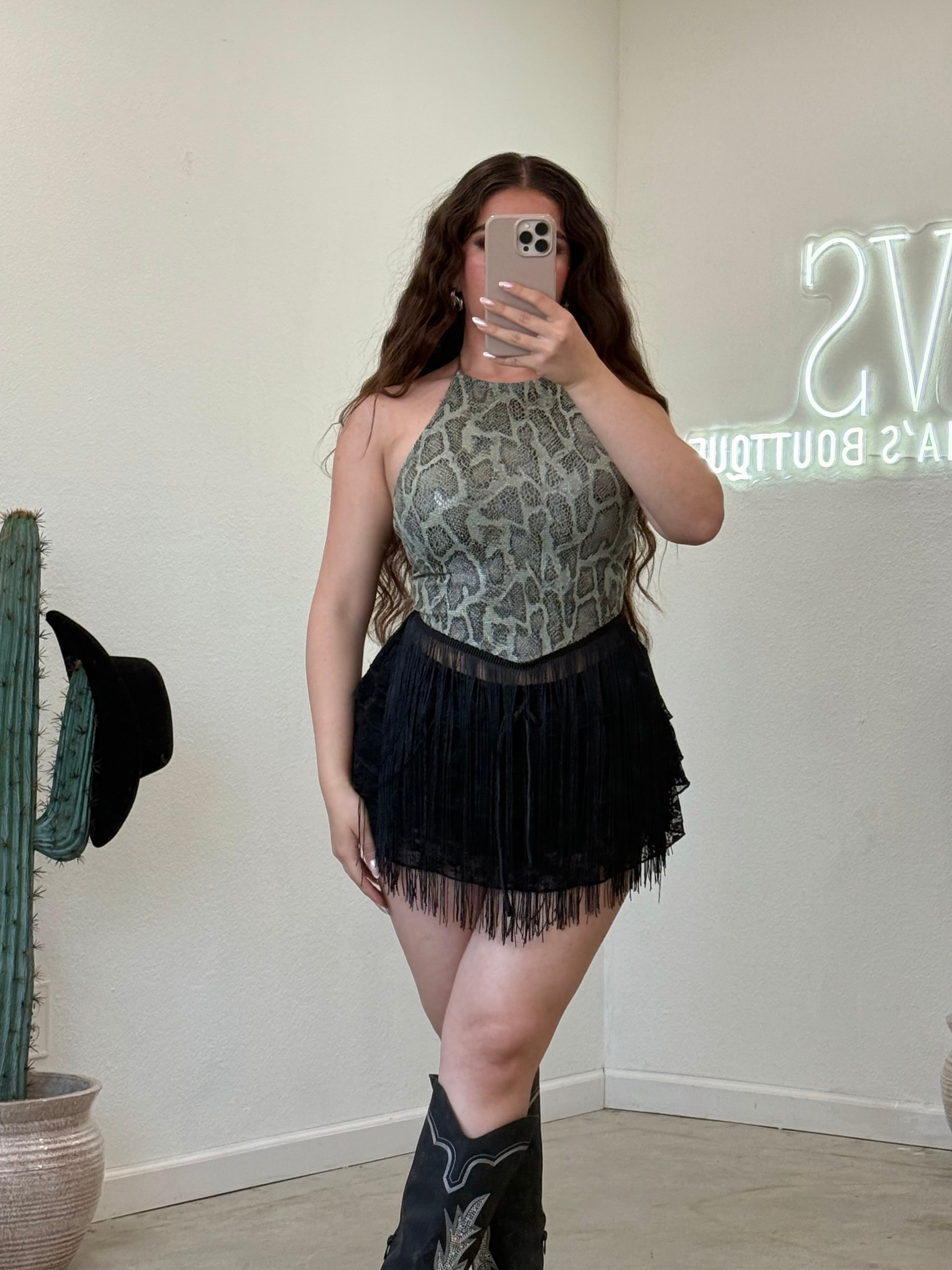 Salvage Fringe Top (Sage Snake)