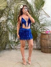Bailar De Caballito Sequins Fringe Skirt Set (Royal Blue)
