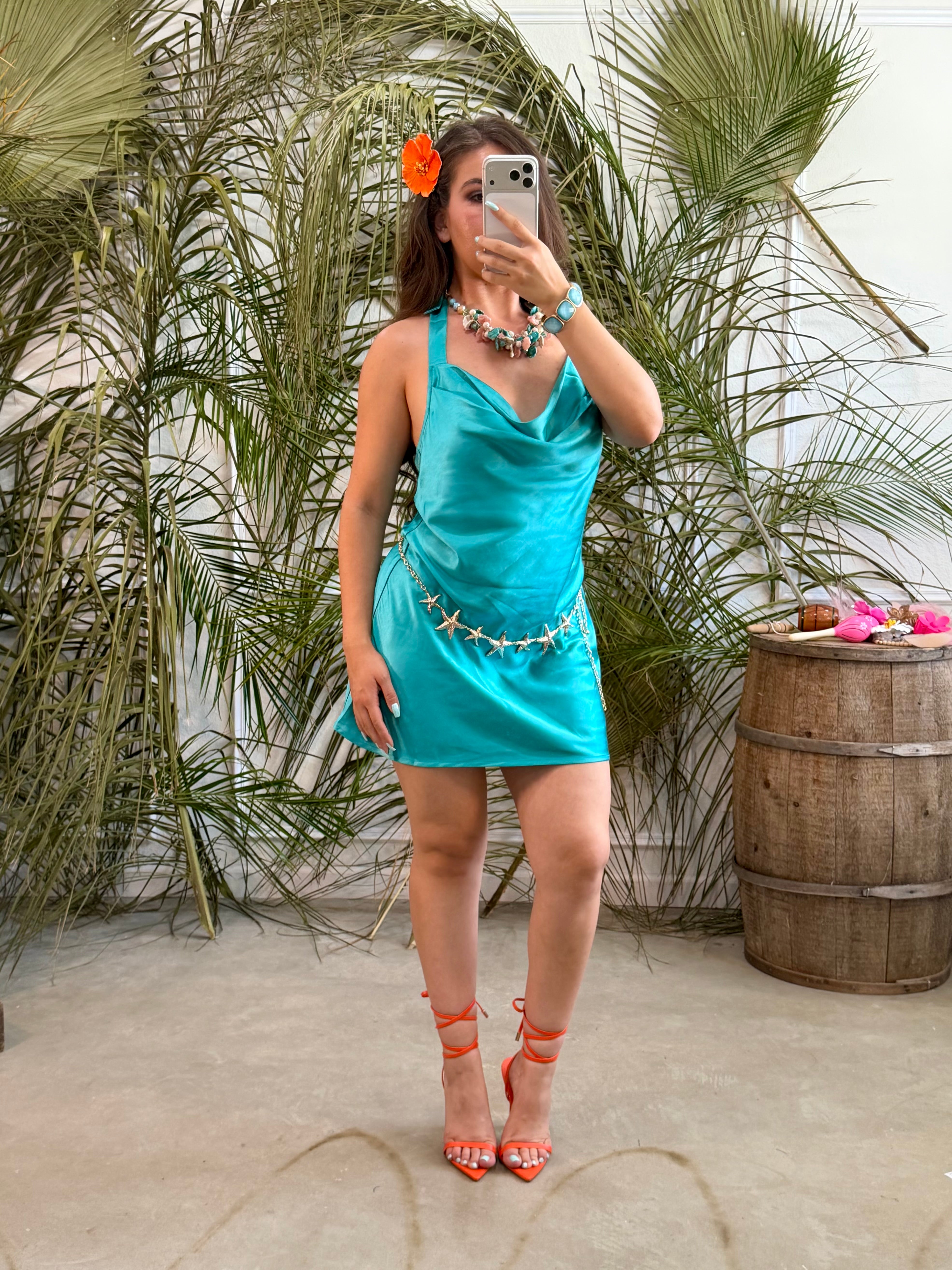 Jadie Satin Mini Dress (Turquoise)