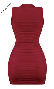 Naylea Ruched Square Neck Mini Dress (Burgundy)