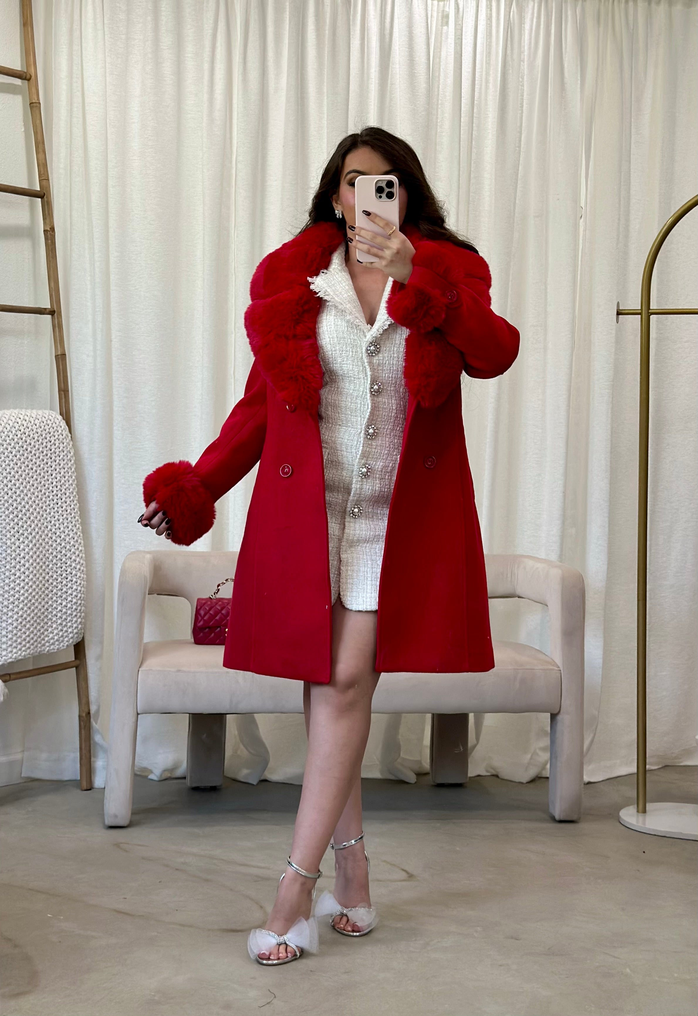 Franchesca Wool Fur Trench Coat (Red)