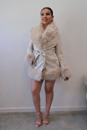Gastella Fur Trim Leather Coat (Cream)