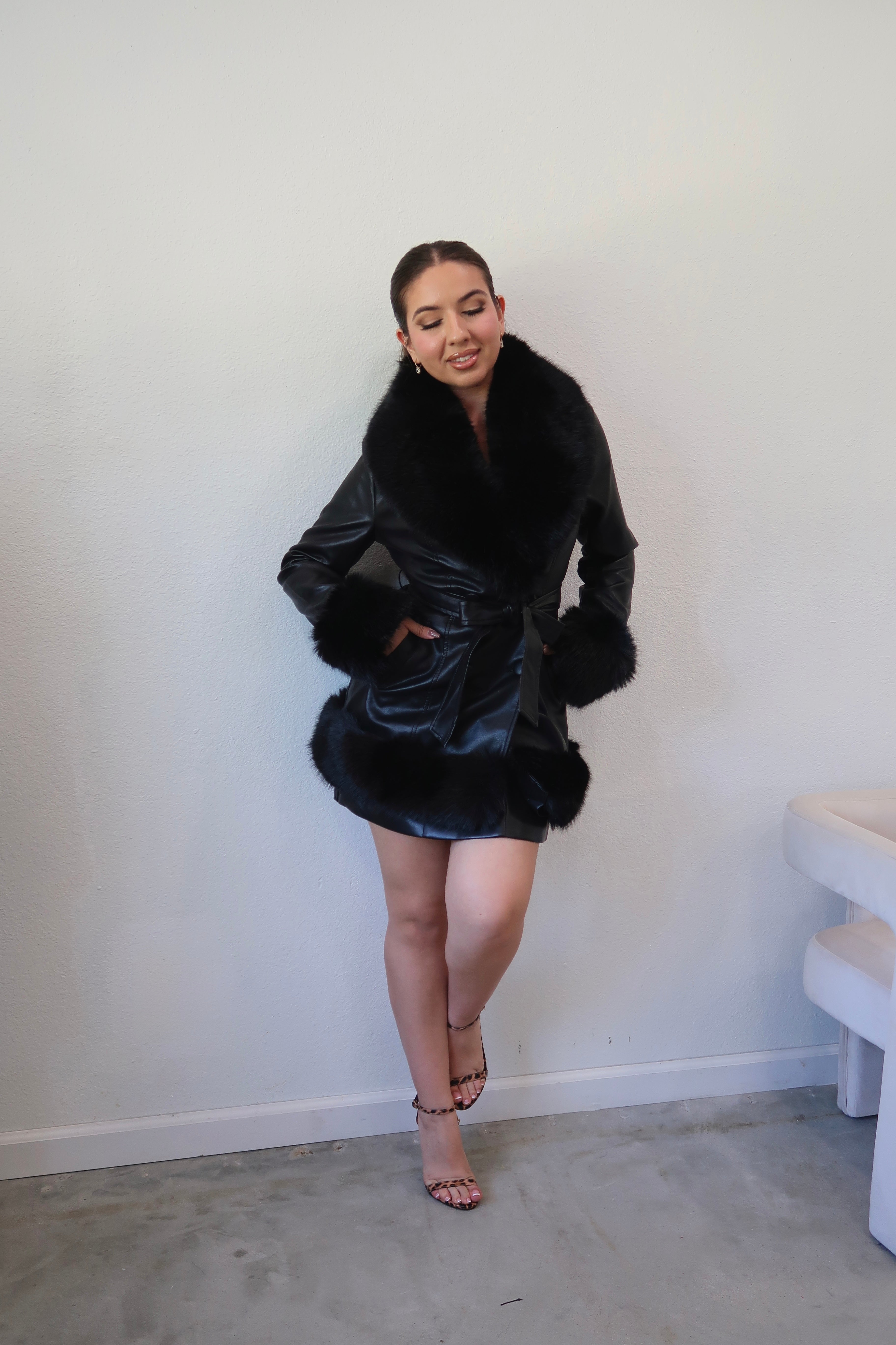 Gastella Fur Trim Leather Coat (Black)