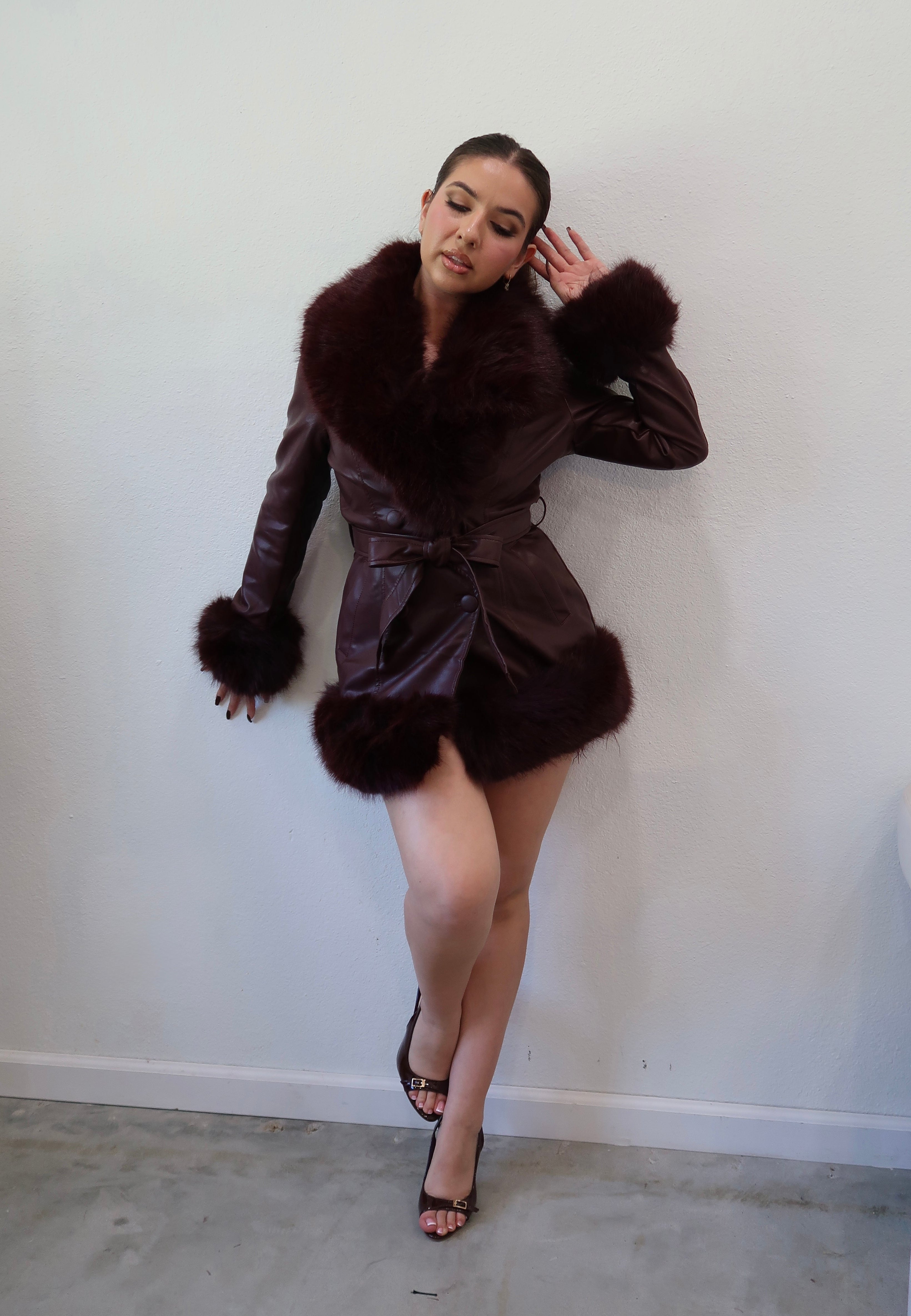 Gastella Fur Trim Leather Coat (Wine)