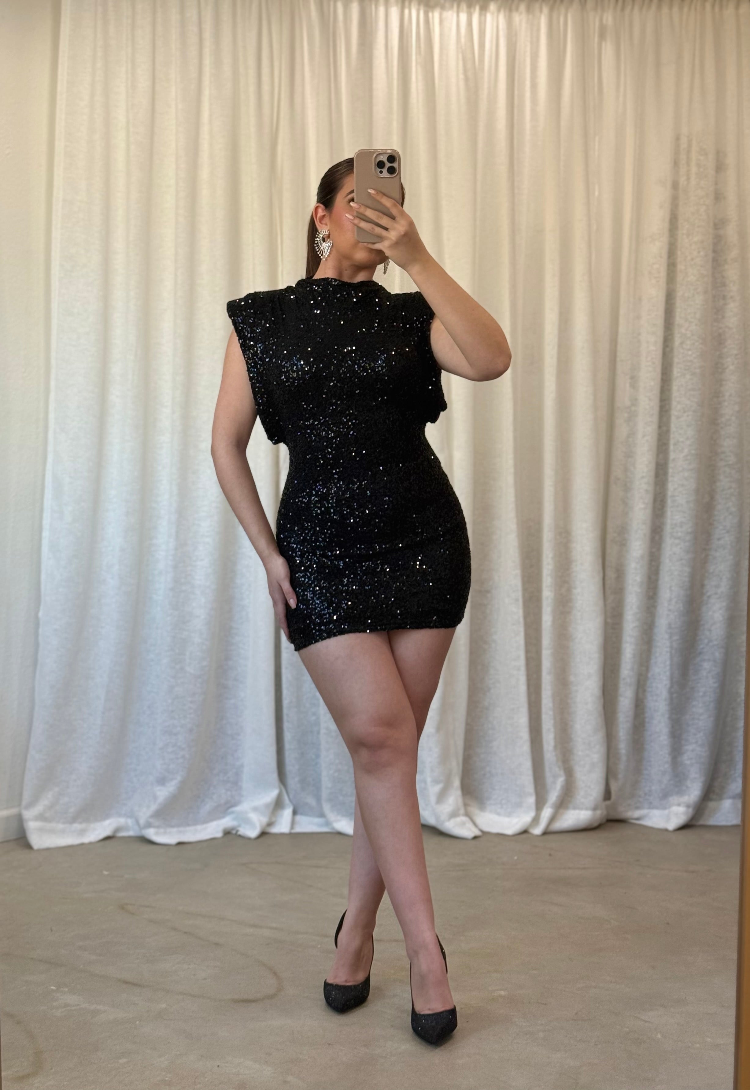 Vica Sequin Mini Dress (Black)