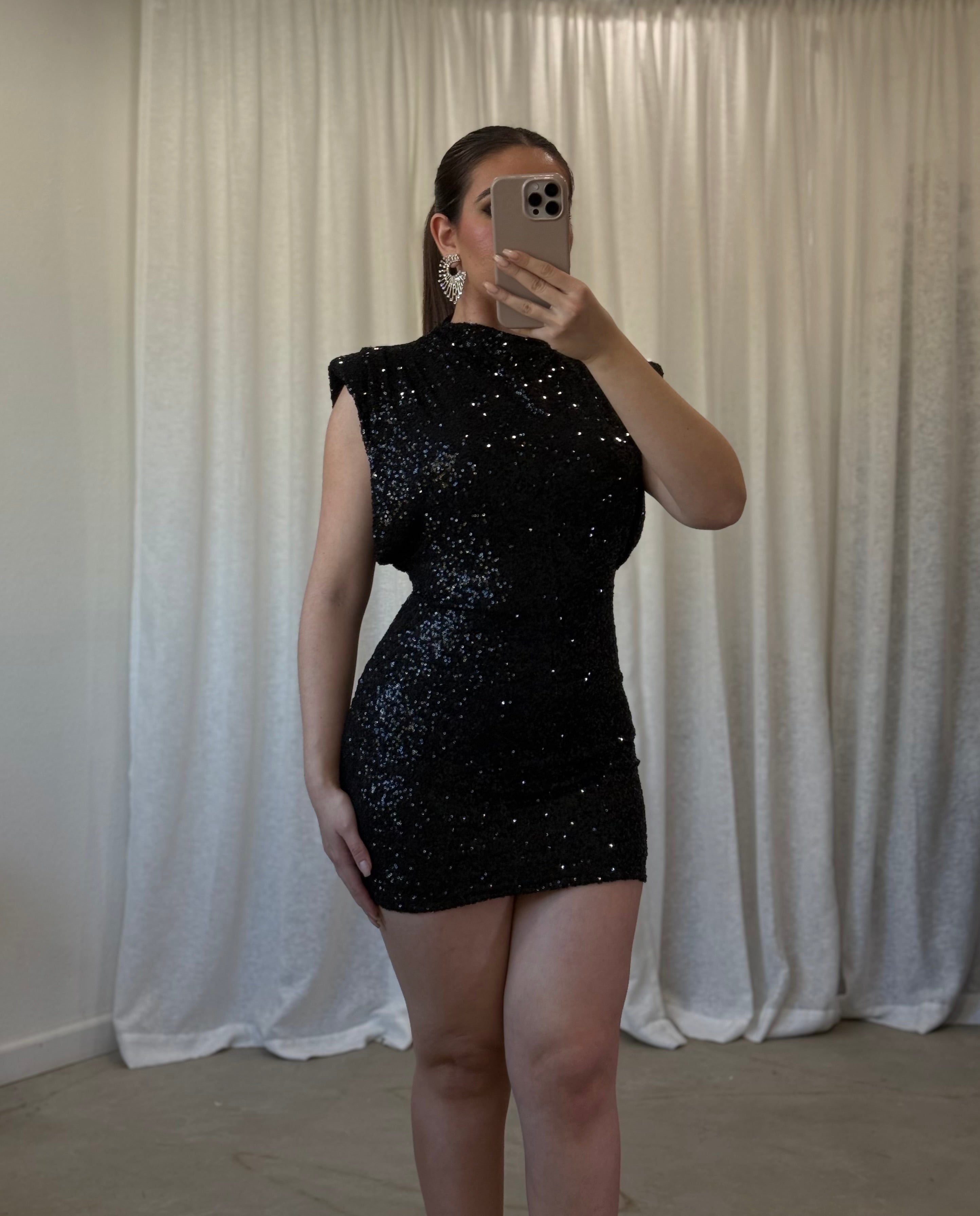 Vica Sequin Mini Dress (Black)