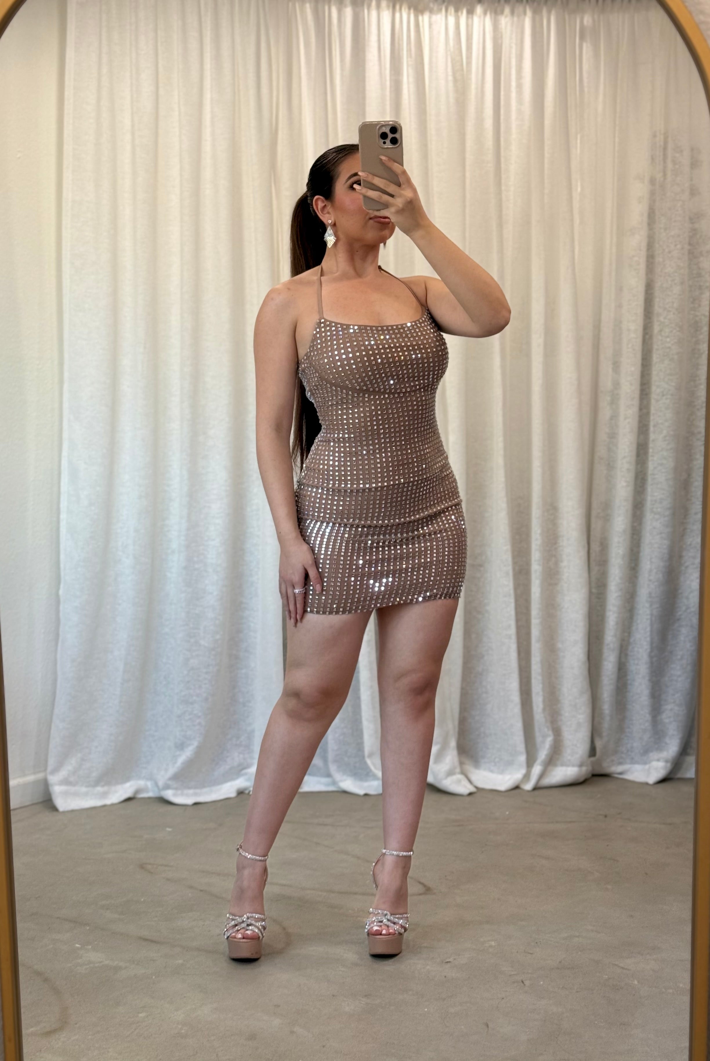 Mocha Delight Rhinestone Mini Dress