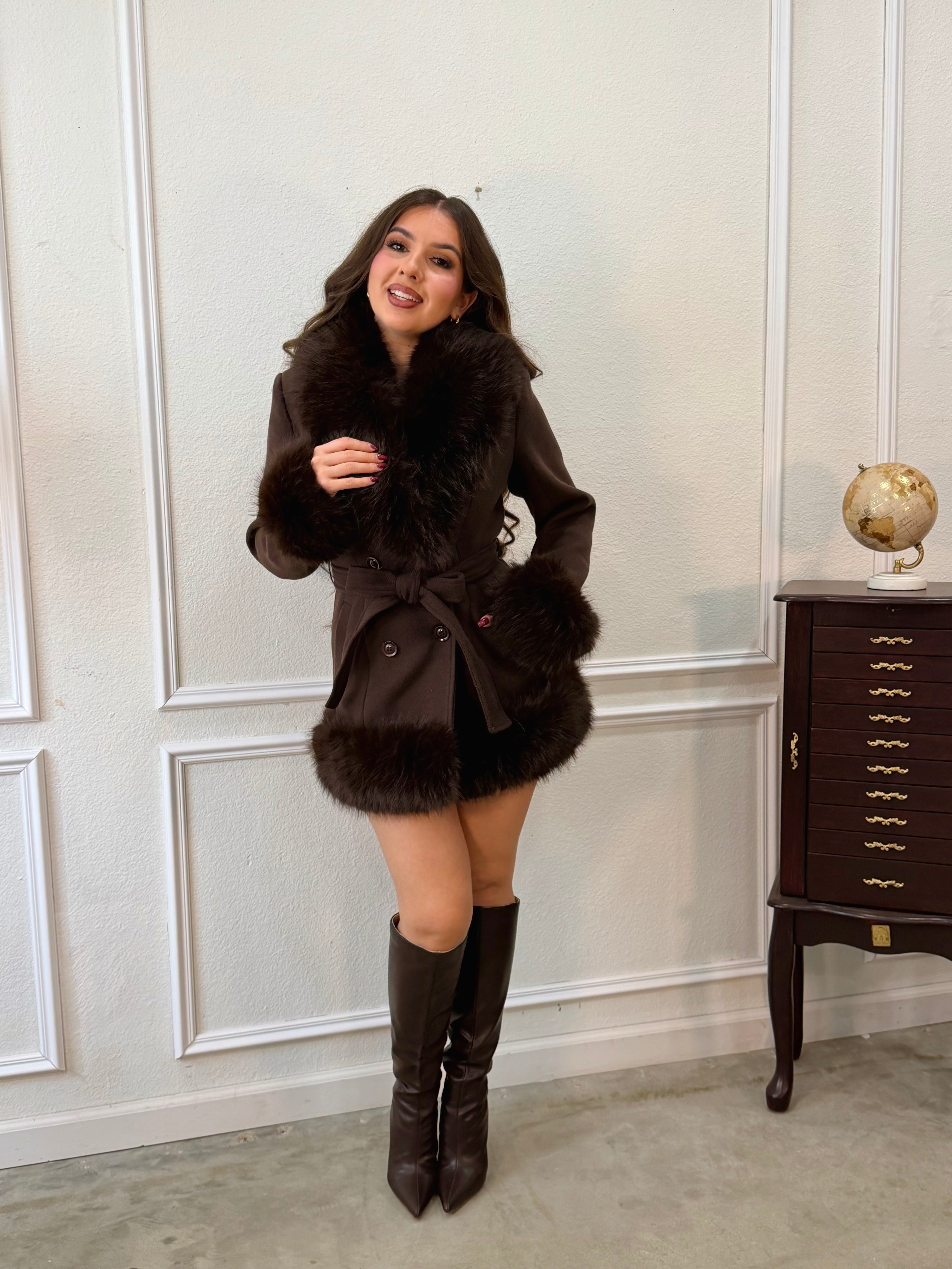 Rochelle Fur Trim Wrap Coat (Espresso)