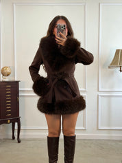 Rochelle Fur Trim Wrap Coat (Espresso)