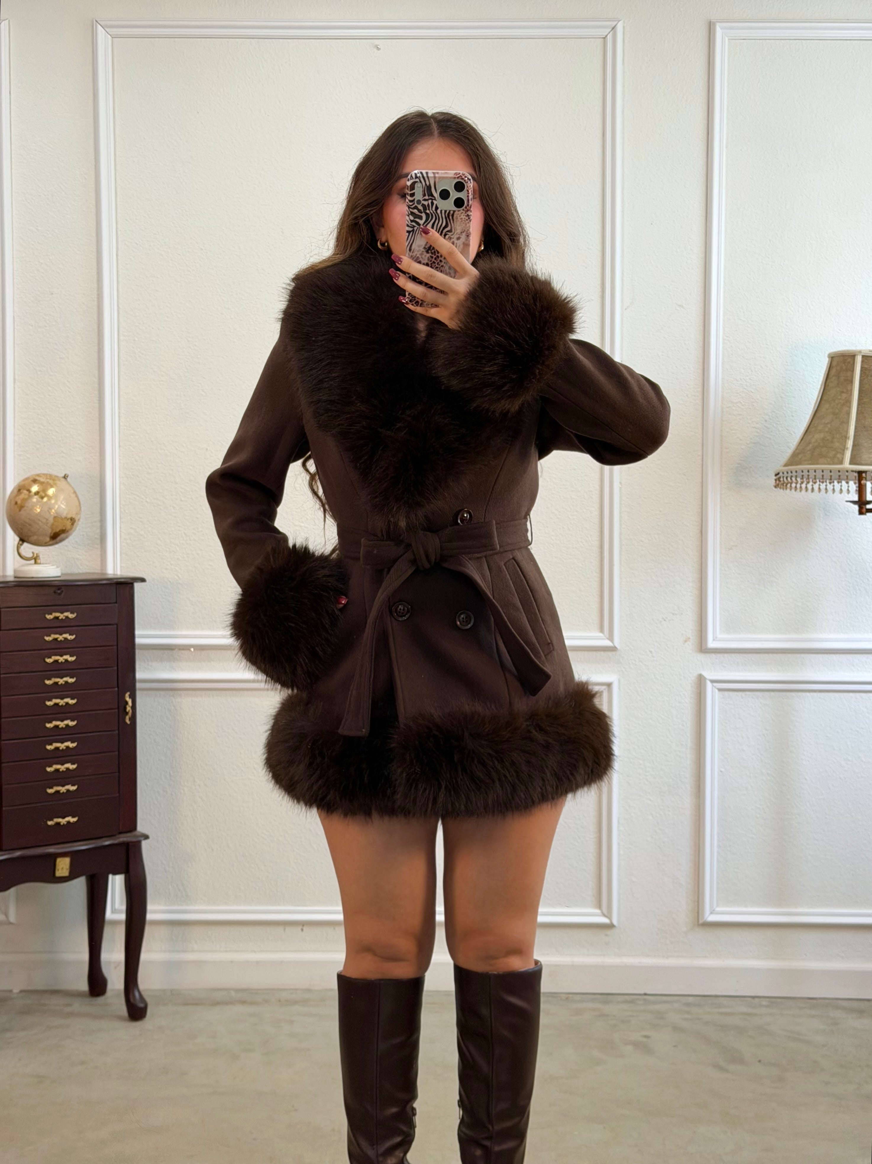 Rochelle Fur Trim Wrap Coat (Espresso)