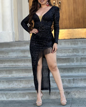 "Let's Celebrate" Sequin Fringe Dress (Black)