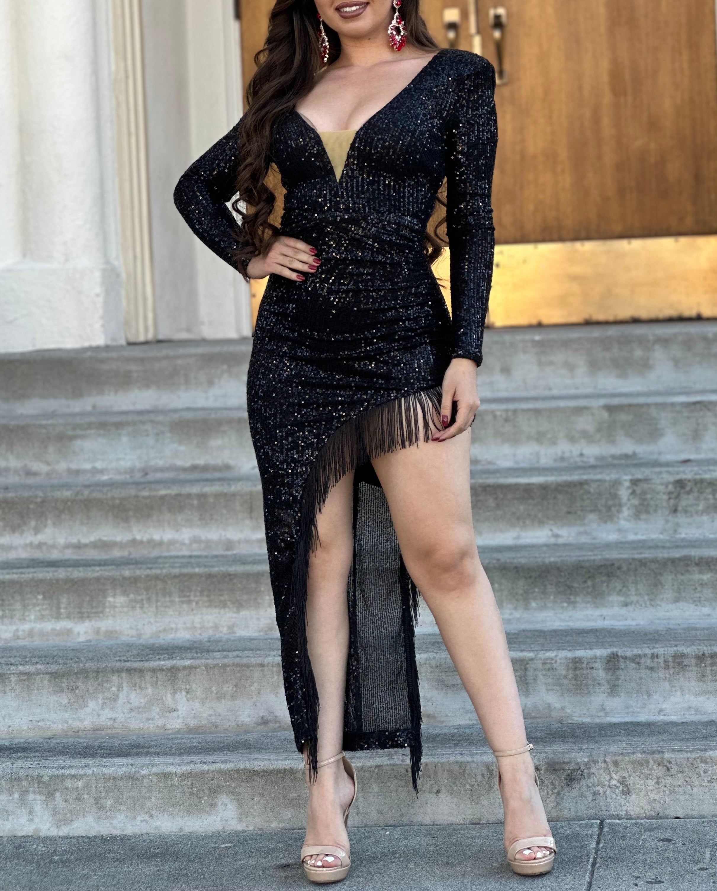 "Let's Celebrate" Sequin Fringe Dress (Black)