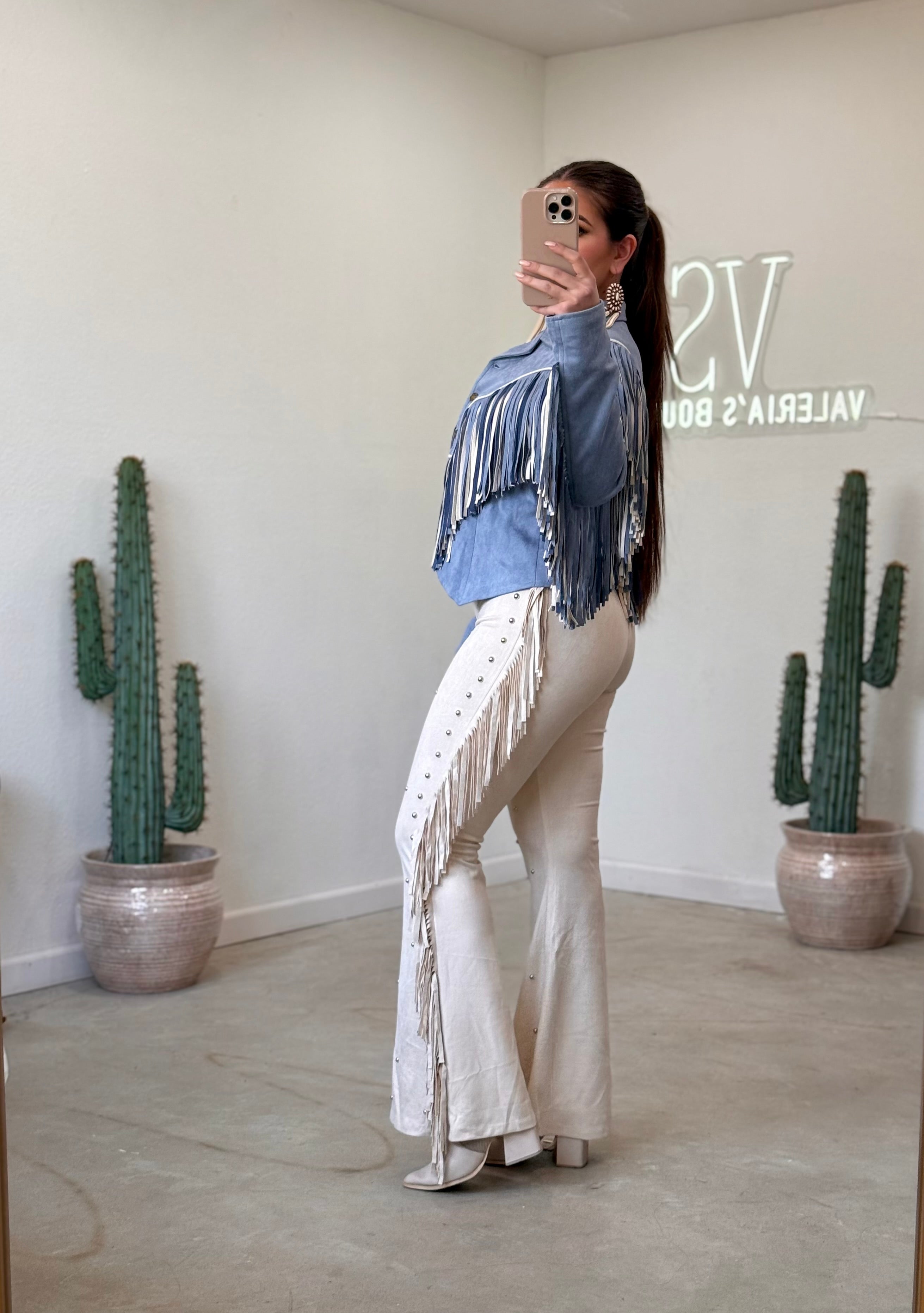 Misty Suede Fringe Studded Pants (Cream)