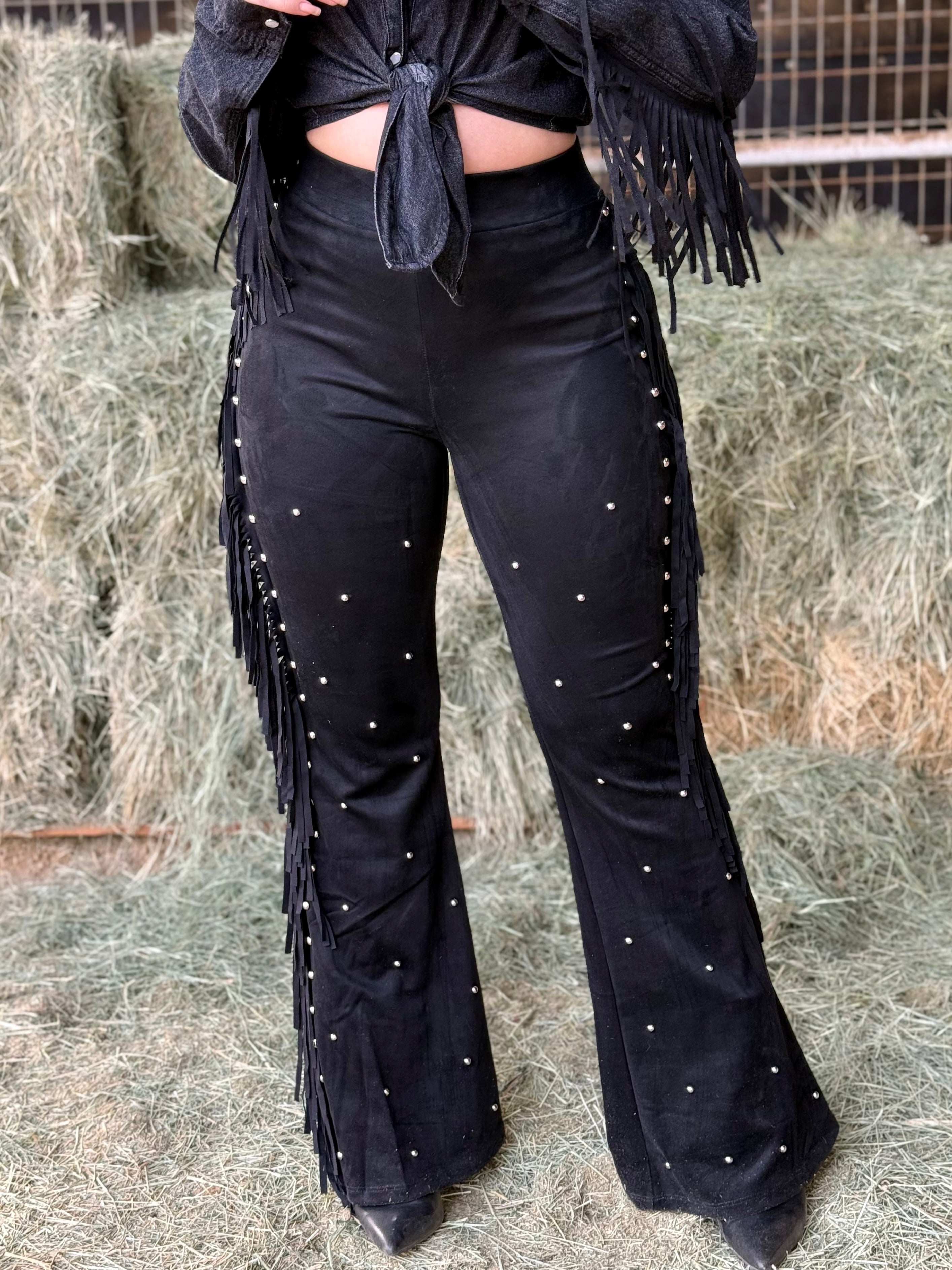 Misty Suede Fringe Studded Pants (Black)