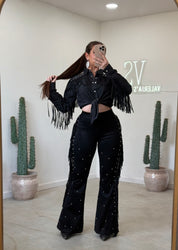 Misty Suede Fringe Studded Pants (Black)