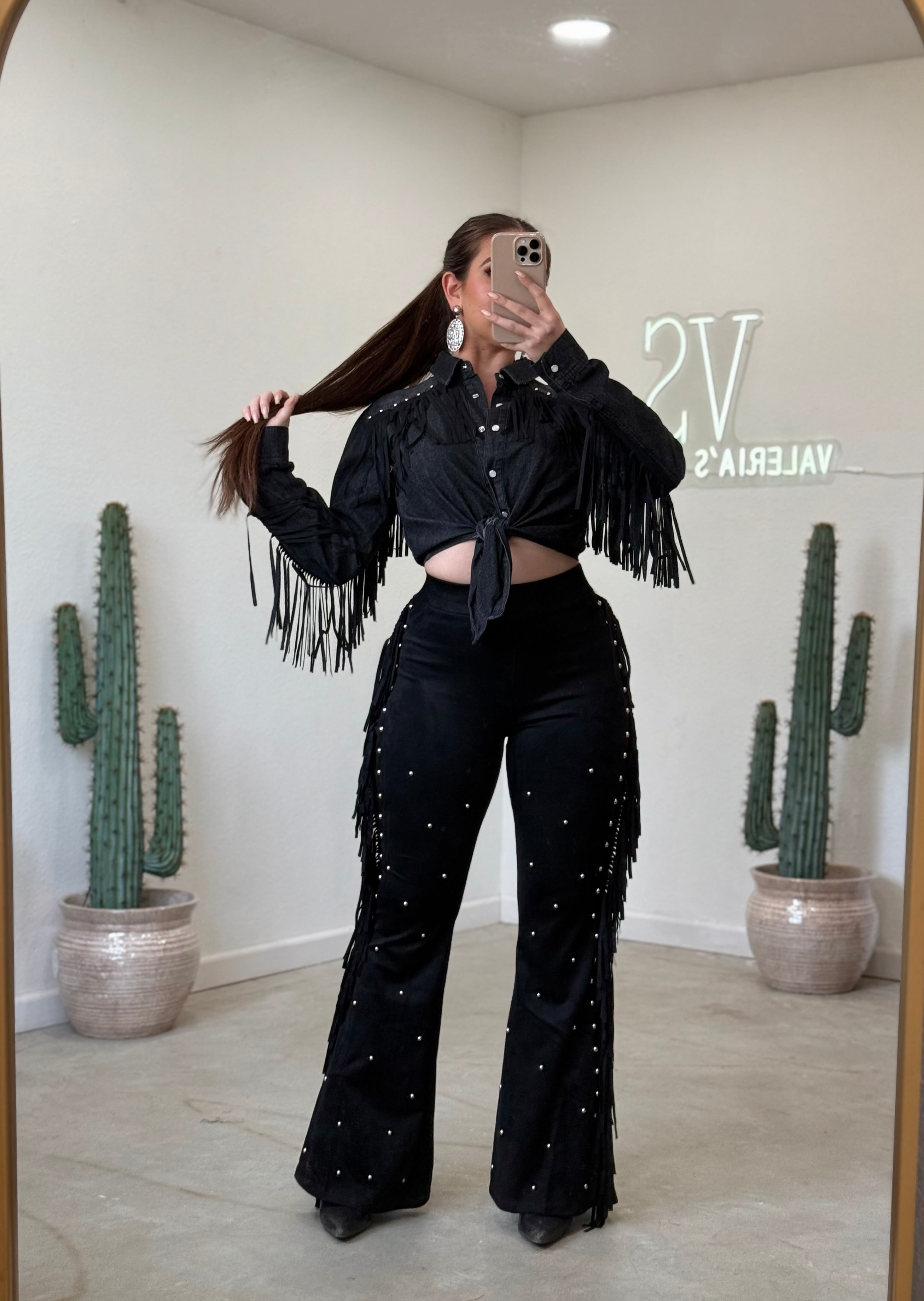 Misty Suede Fringe Studded Pants (Black)