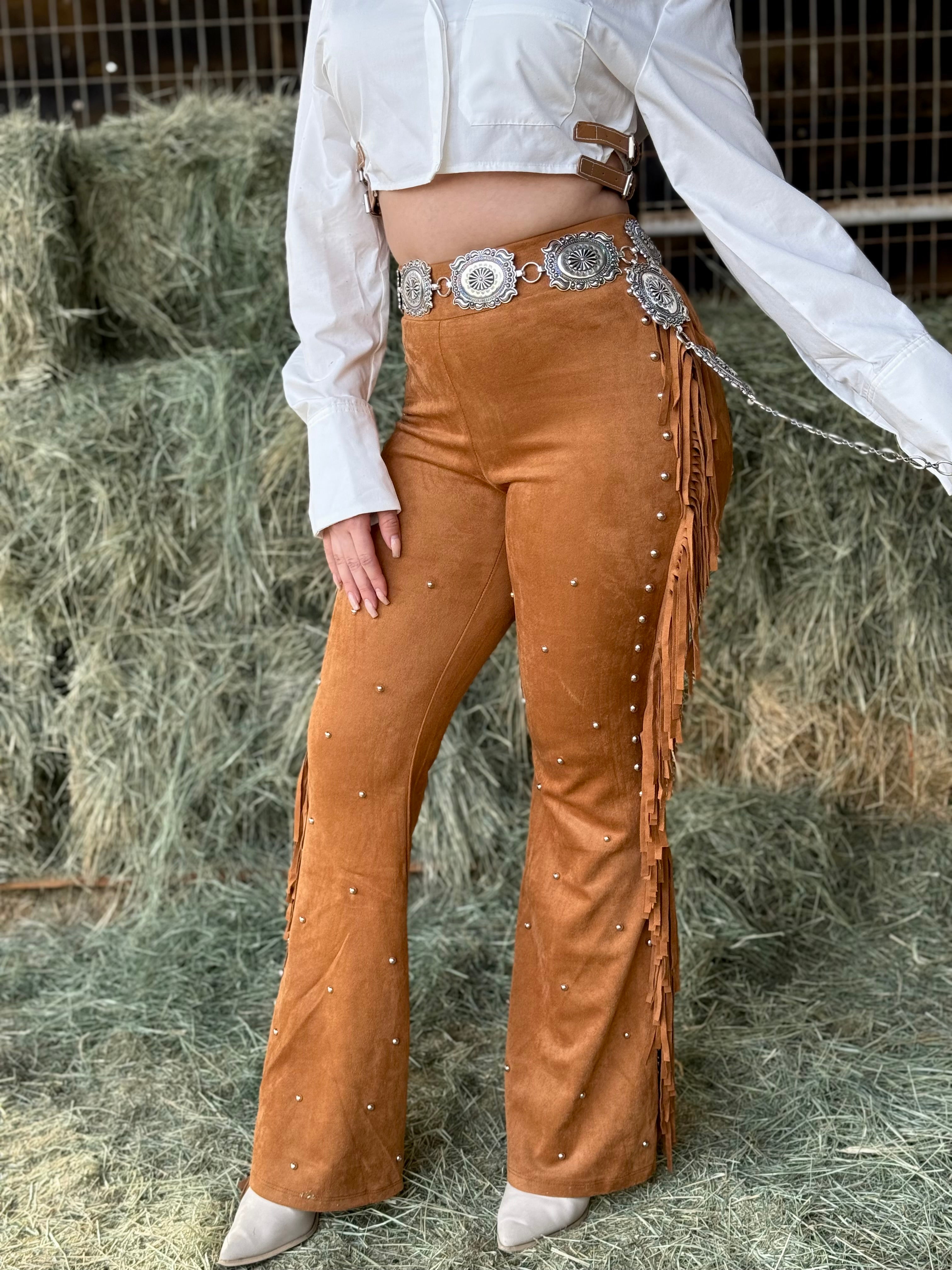 Misty Suede Fringe Studded Pants (Camel)