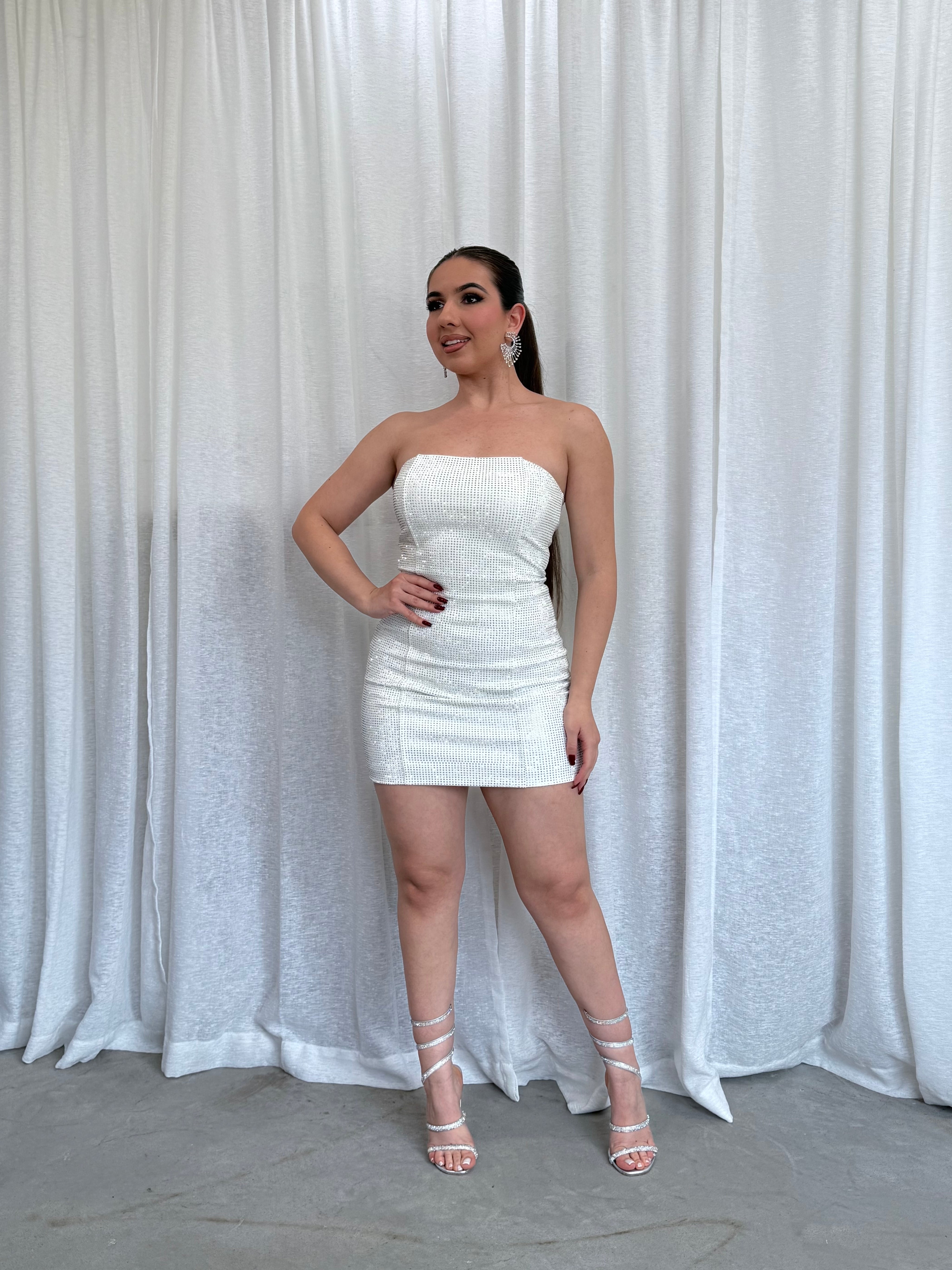 Alix Rhinestone Mini Dress (White) Alix Rhinestone Mini Dress (White)