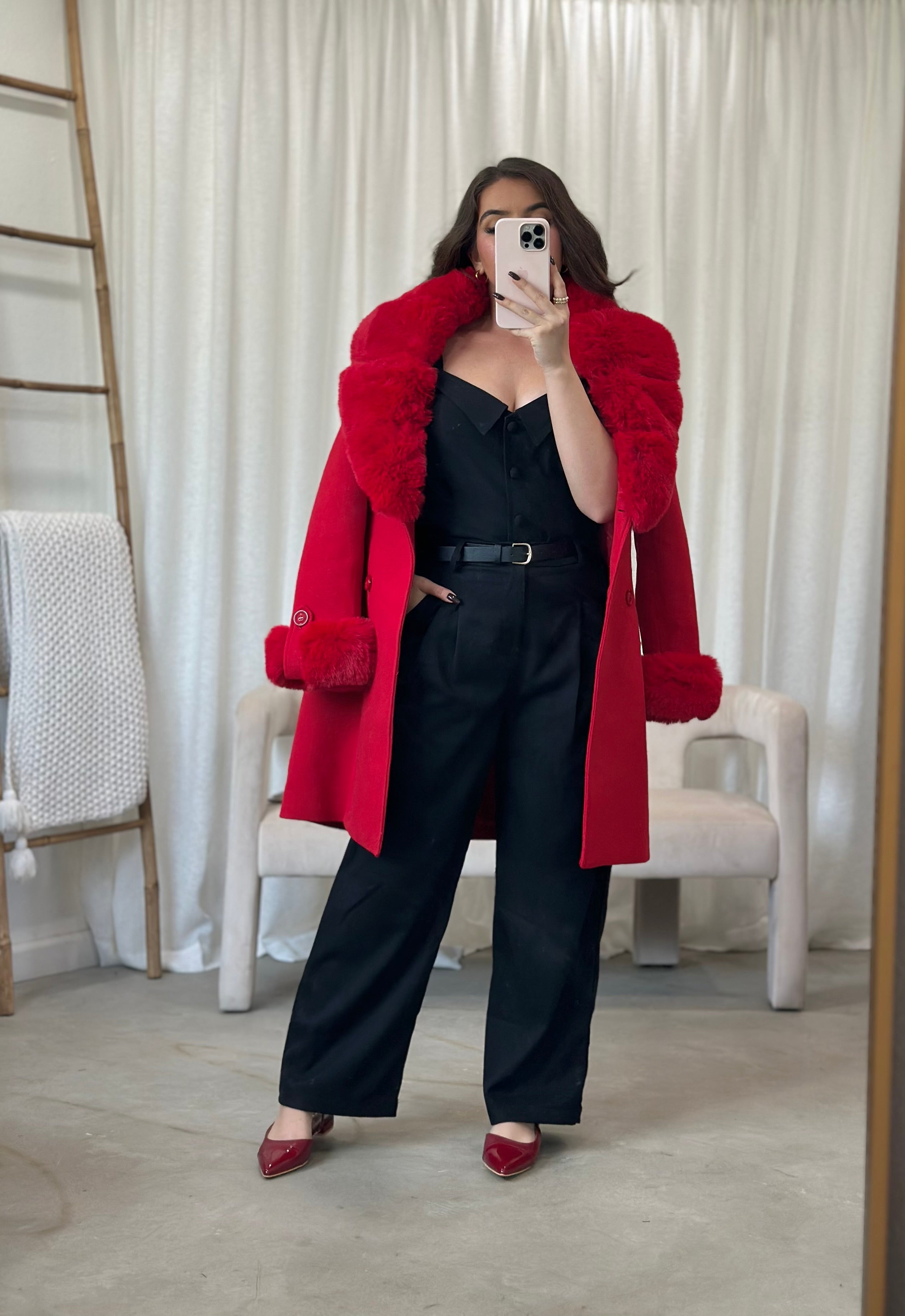 Franchesca Wool Fur Trench Coat (Red)