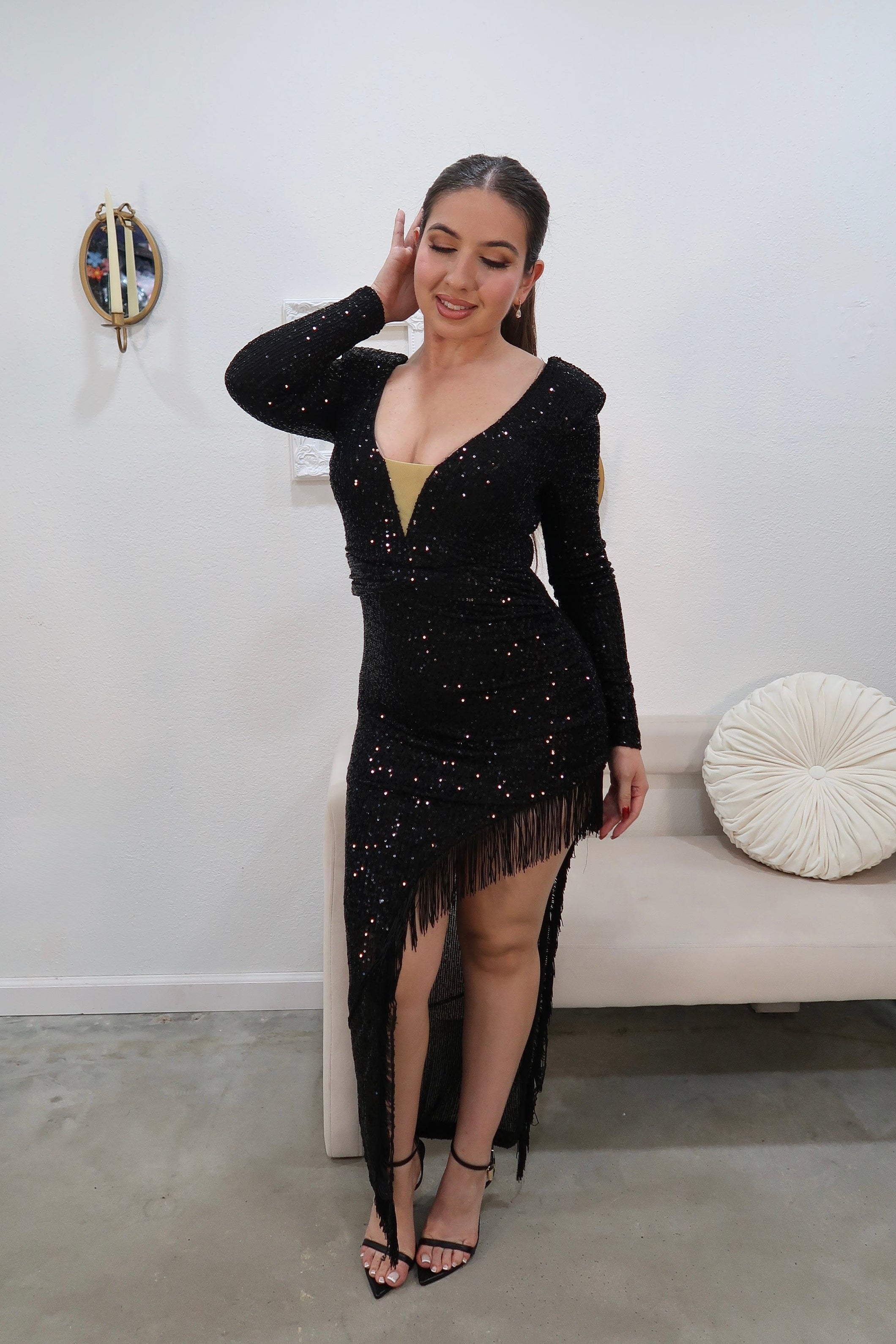 sequin fringe dress black Sequin Fringe Short Sleeveless Dress by Ladivine CD780