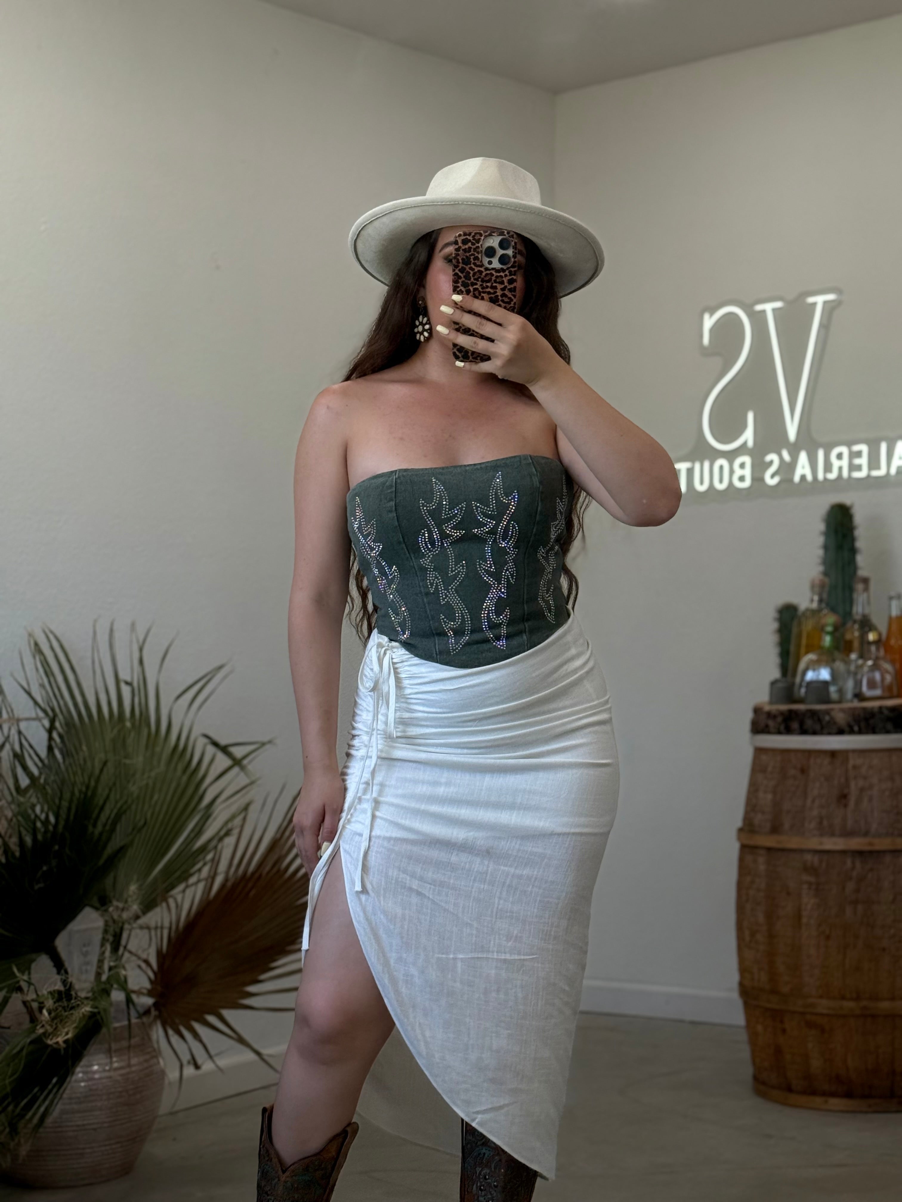 Buckee Rhinestone Denim Corset Top (Olive)