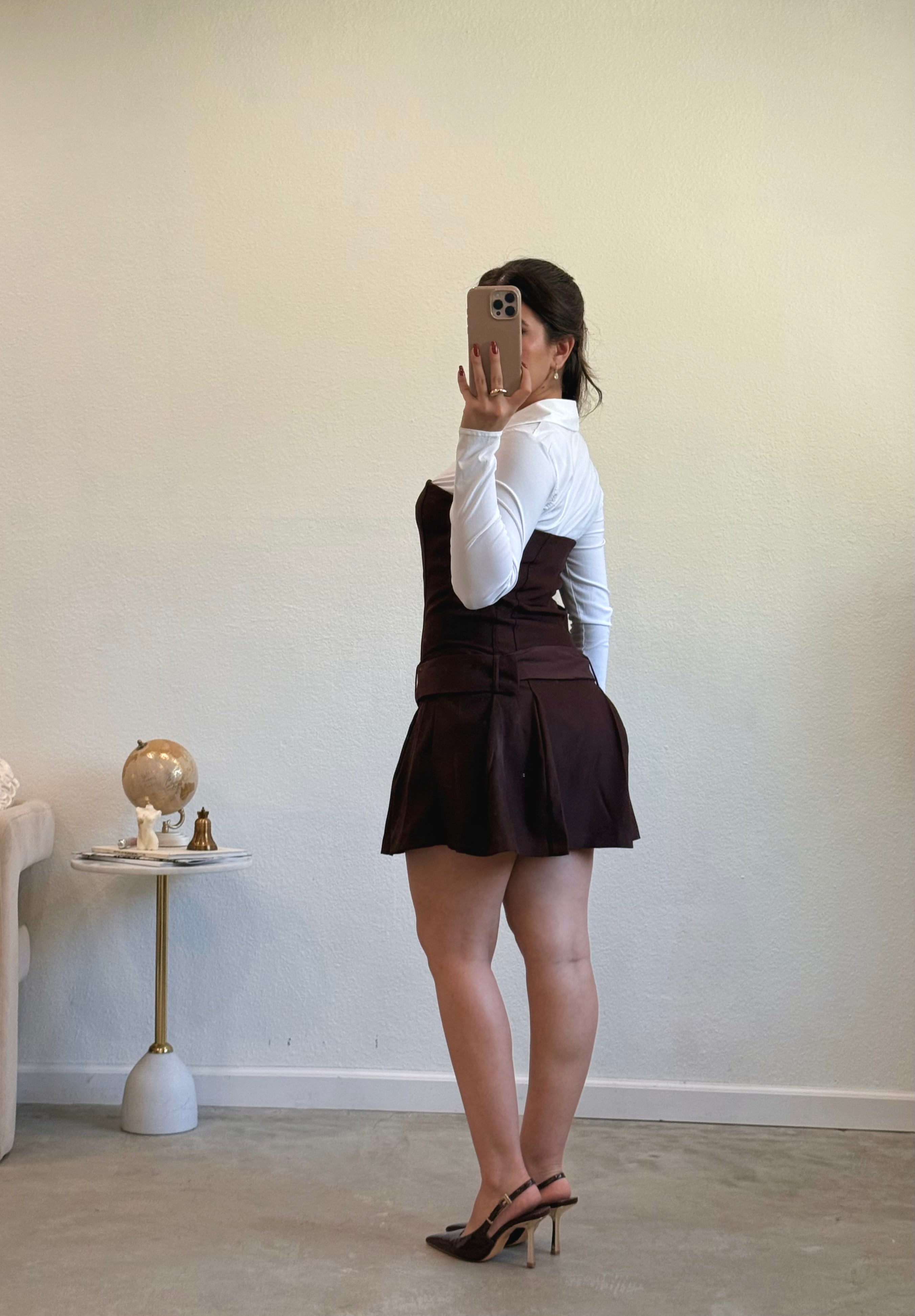 Janelle Pleated Mini Dress (Chocolate)