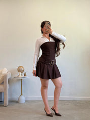 Janelle Pleated Mini Dress (Chocolate)