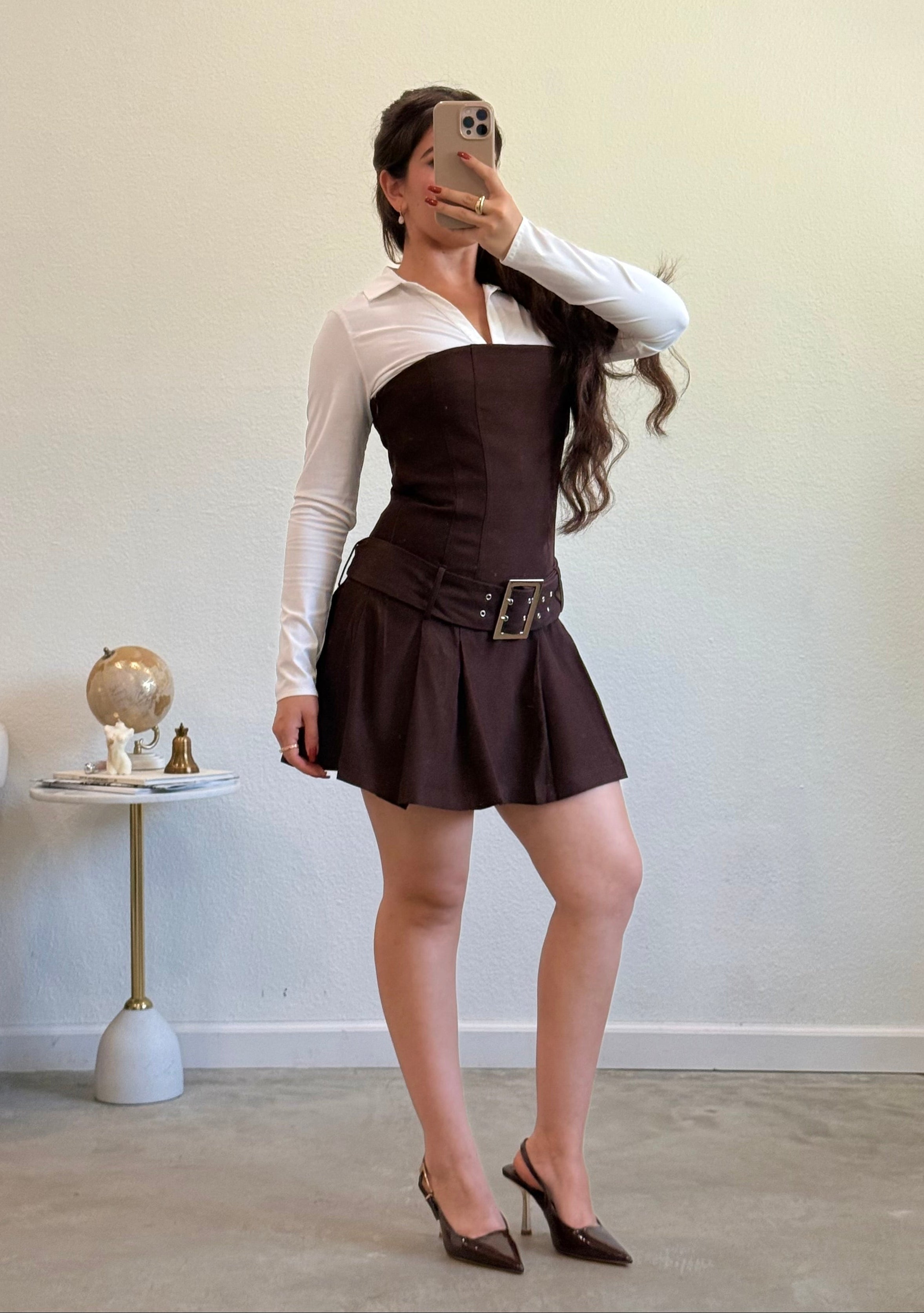 Janelle Pleated Mini Dress (Chocolate)