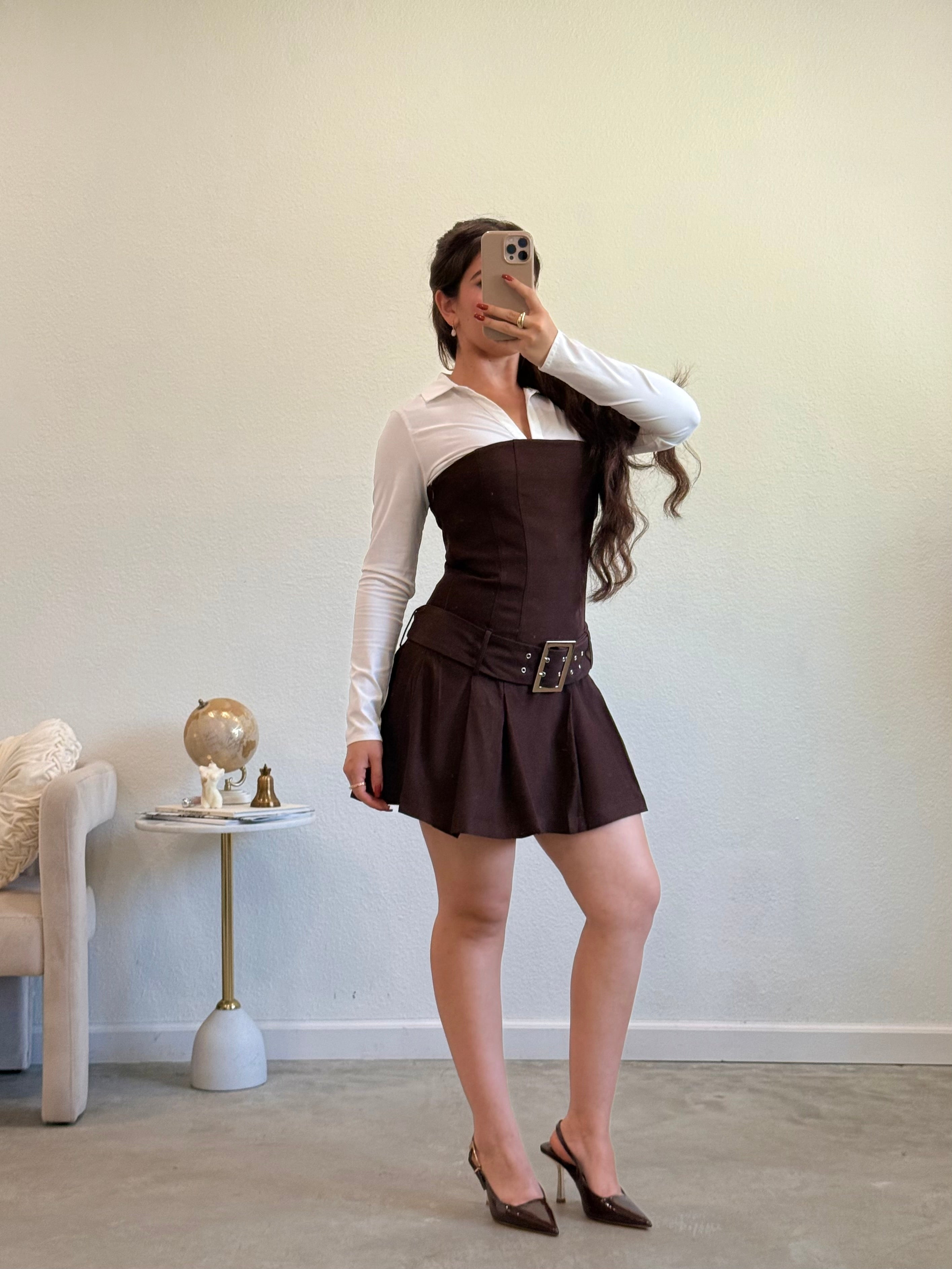 Janelle Pleated Mini Dress (Chocolate)