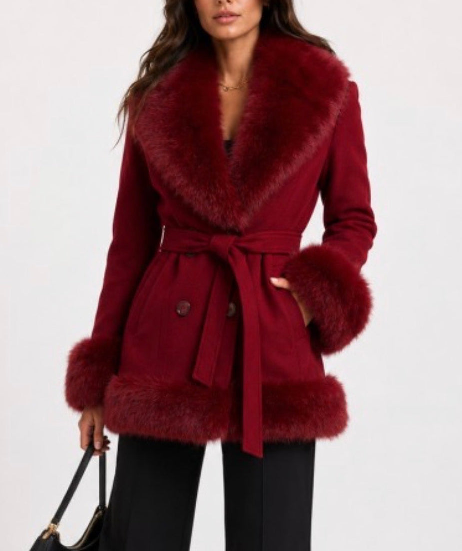 Rochelle Fur Trim Wrap Coat (Red)