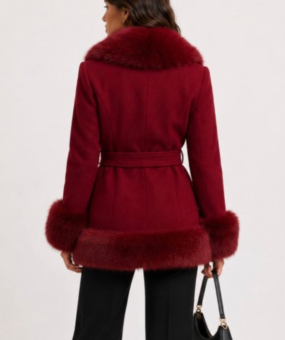 Rochelle Fur Trim Wrap Coat (Red)