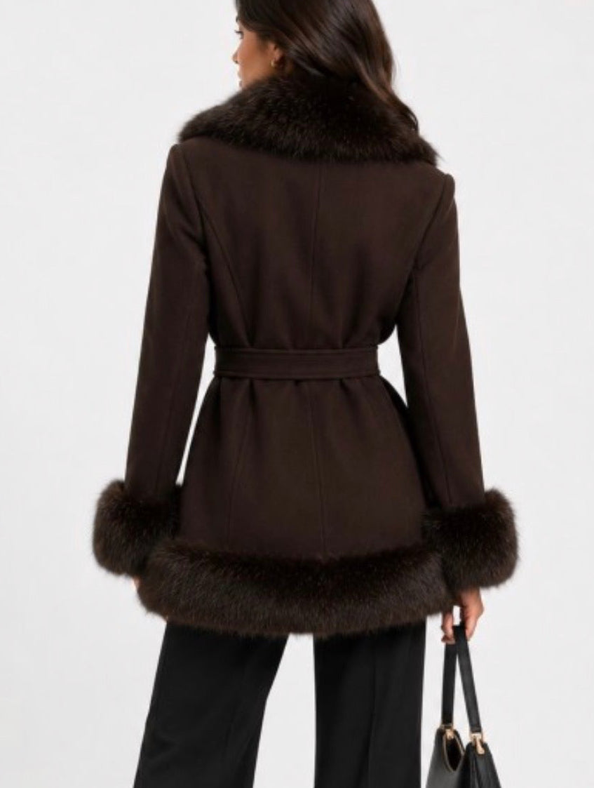 Rochelle Fur Trim Wrap Coat (Espresso)