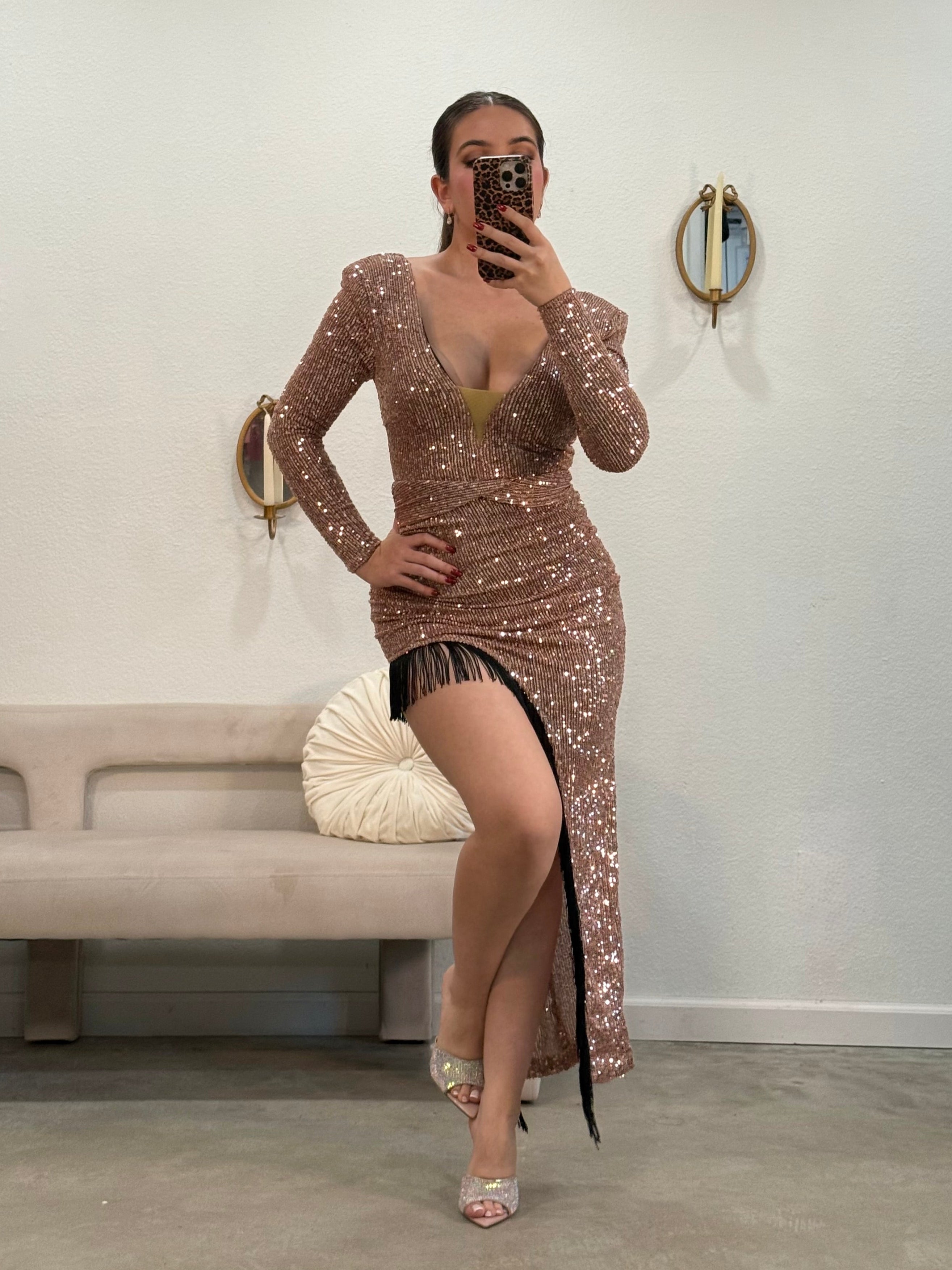 "Let's Celebrate" Sequin Fringe Dress (Rose Gold)