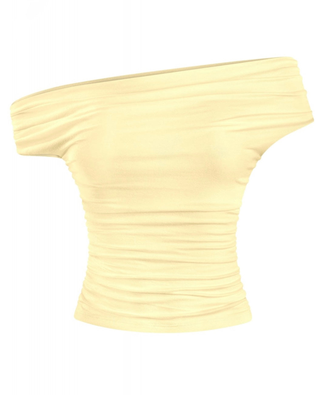 Valerie Asymmetrical Shoulder Ruched Top (Light Yellow)